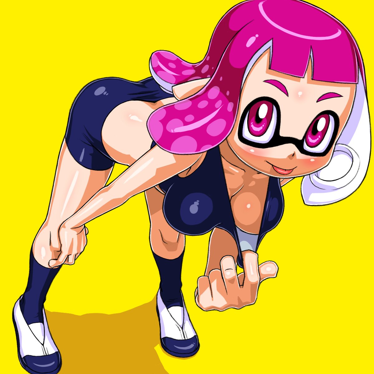 1girls bending_over digital_drawing_(artwork) digital_media_(artwork) female female_focus female_only inkling inkling_girl looking_at_viewer nintendo nipple_slip pink_eyes pink_hair shorts splatoon splatoon_2 tease teasing tight_clothing tongue_out tsuwitchii84 yellow_background