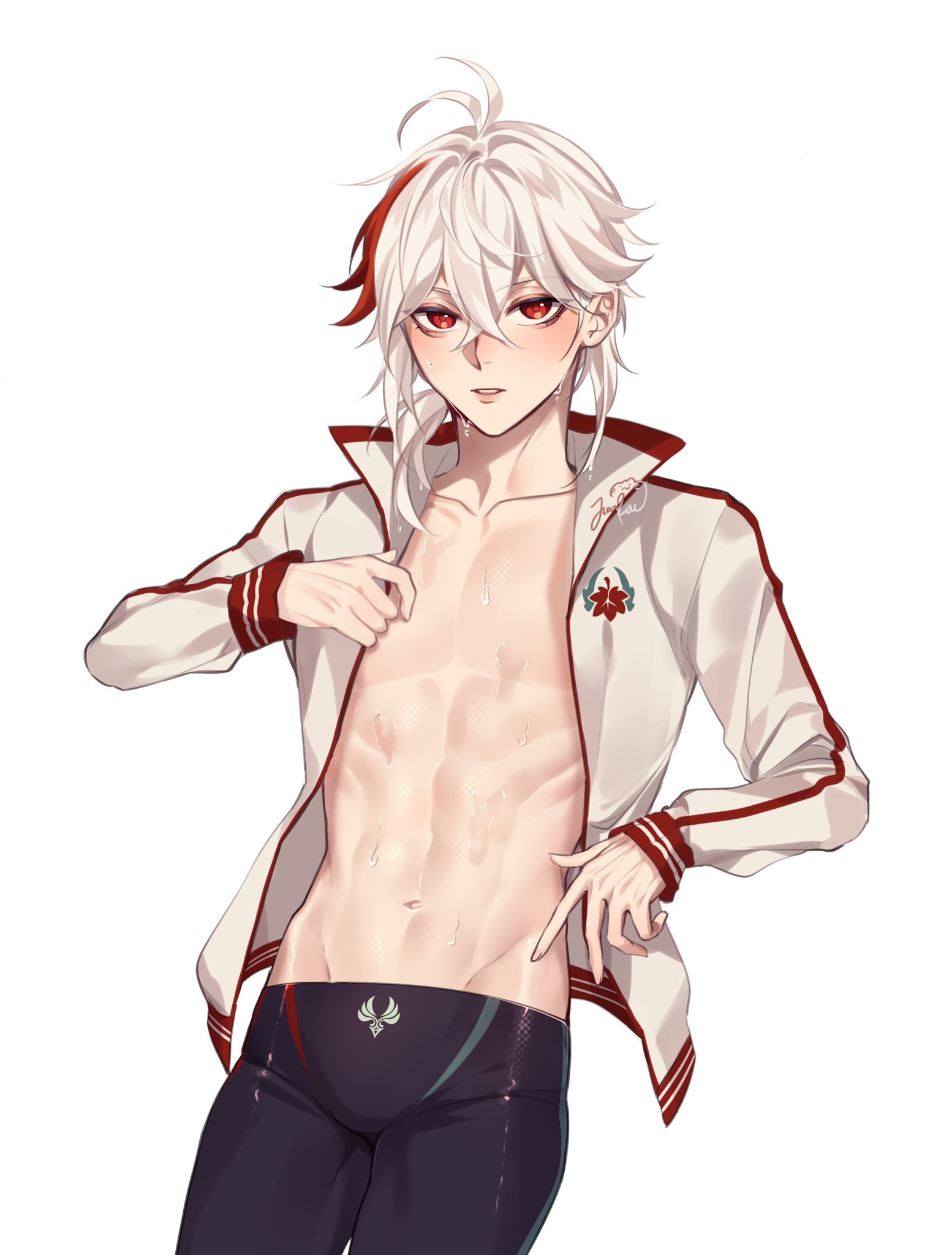 abs, bishonen, feminine male, genshin impact, jacket, jacket only, kaedehara kazuha, male, male only, muscular, red hair, rourouki, tight shorts, toned, twink