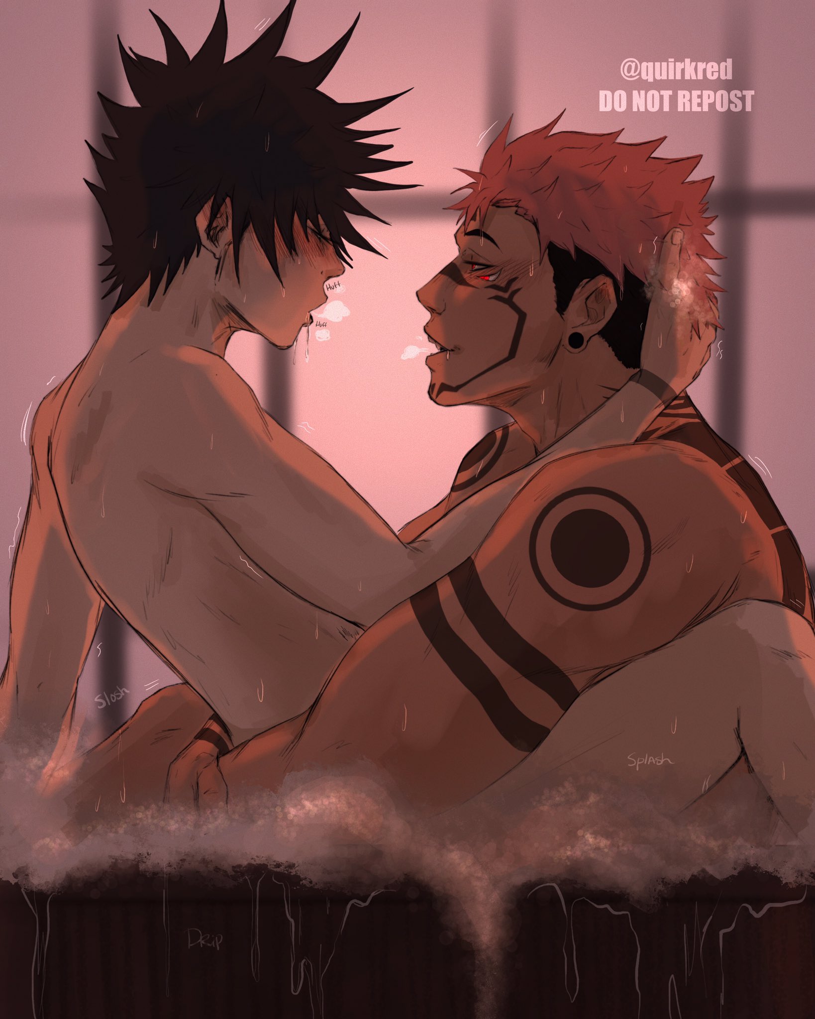 2boys, anal, anal sex, arm tattoo, back tattoo, bath, bathroom, black hair, fushiguro megumi, gay, jujutsu kaisen, male, male only, male/male, multi eye, muscular, muscular male, nude, open mouth, pink hair, red eyes, ryoumen sukuna (jujutsu kaisen), sex, shared bathing, short hair, shoulder tattoo, size difference, spicyquirk, twink, yaoi