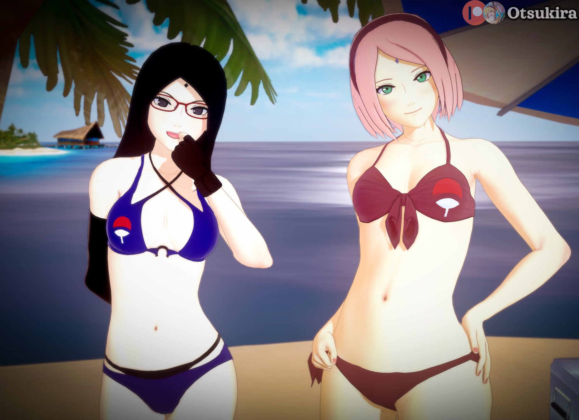 2girls, 3d, adapted costume, aged up, alternate hair length, alternate hairstyle, beach, bikini, black eyes, black hair, boruto: naruto next generations, facial mark, female, female only, forehead mark, fully clothed, glasses, gloves, green eyes, koikatsu, long hair, midriff, mother and daughter, multiple females, multiple girls, naruto, naruto (series), ocean, otsukira, outdoors, pink hair, revealing clothes, sakura haruno, sand, sarada uchiha, seaside, shore, skimpy, skimpy bikini, swimsuit