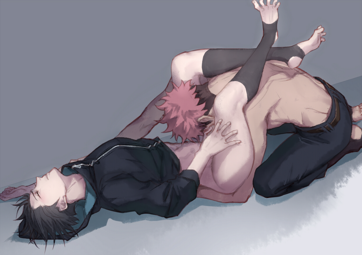 2boys, barefoot, between legs, between thighs, bite mark, black hair, blush, bottomless, eilinna, feet, fellatio, full body, fushiguro megumi, gay, hood, hoodie, implied fellatio, itadori yuuji, jujutsu kaisen, male, male focus, male only, male/male, multiple boys, multiple males, nail polish, no pants, oral, pants, pink hair, short hair, spiked hair, stirrup legwear, tattoo, toeless legwear, toes, topless male, yaoi