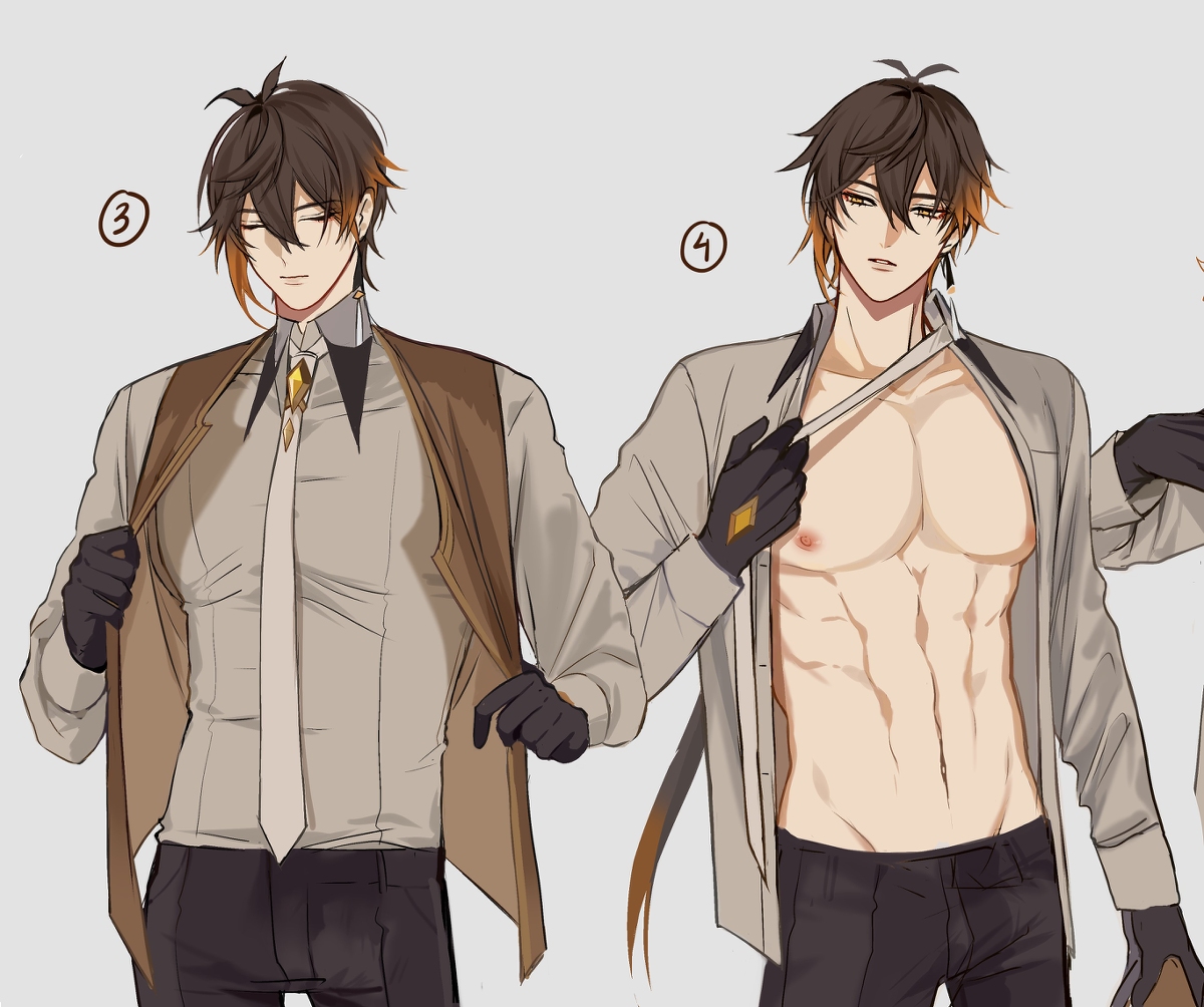 1boy, abs, gay, gay male, genshin impact, male, male only, muscles, muscular, muscular male, nipples, pecs, pnk crow, undressing, yaoi, zhongli (genshin impact)