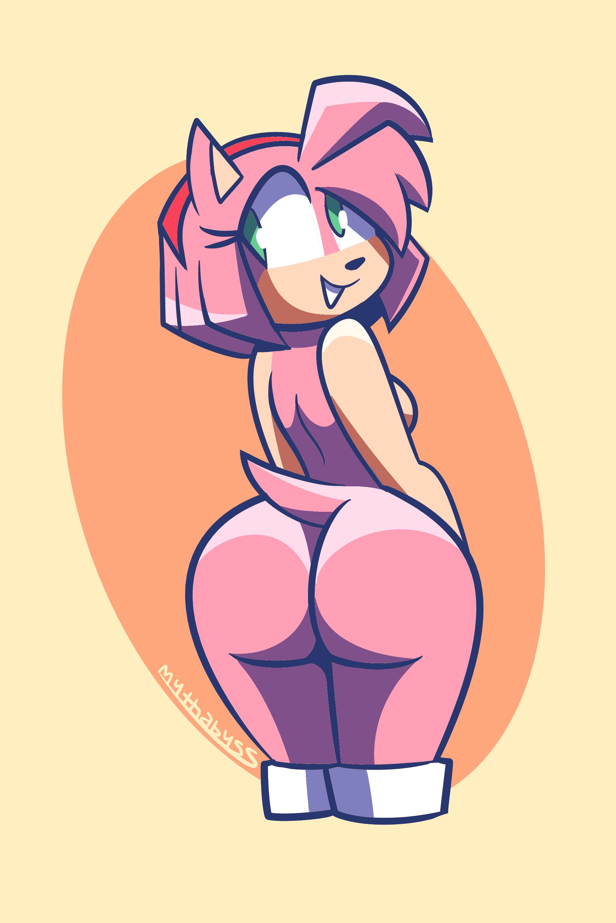 1girls, amy rose, anthro, ass, big ass, bottomless, bottomless footwear, female, female only, furry, green eyes, hairband, hedgehog, large ass, looking back, mythabyss, naked footwear, nude, nude female, pink hair, pink skin, sega, solo, sonic (series), sonic the hedgehog (series), thick thighs, wide hips