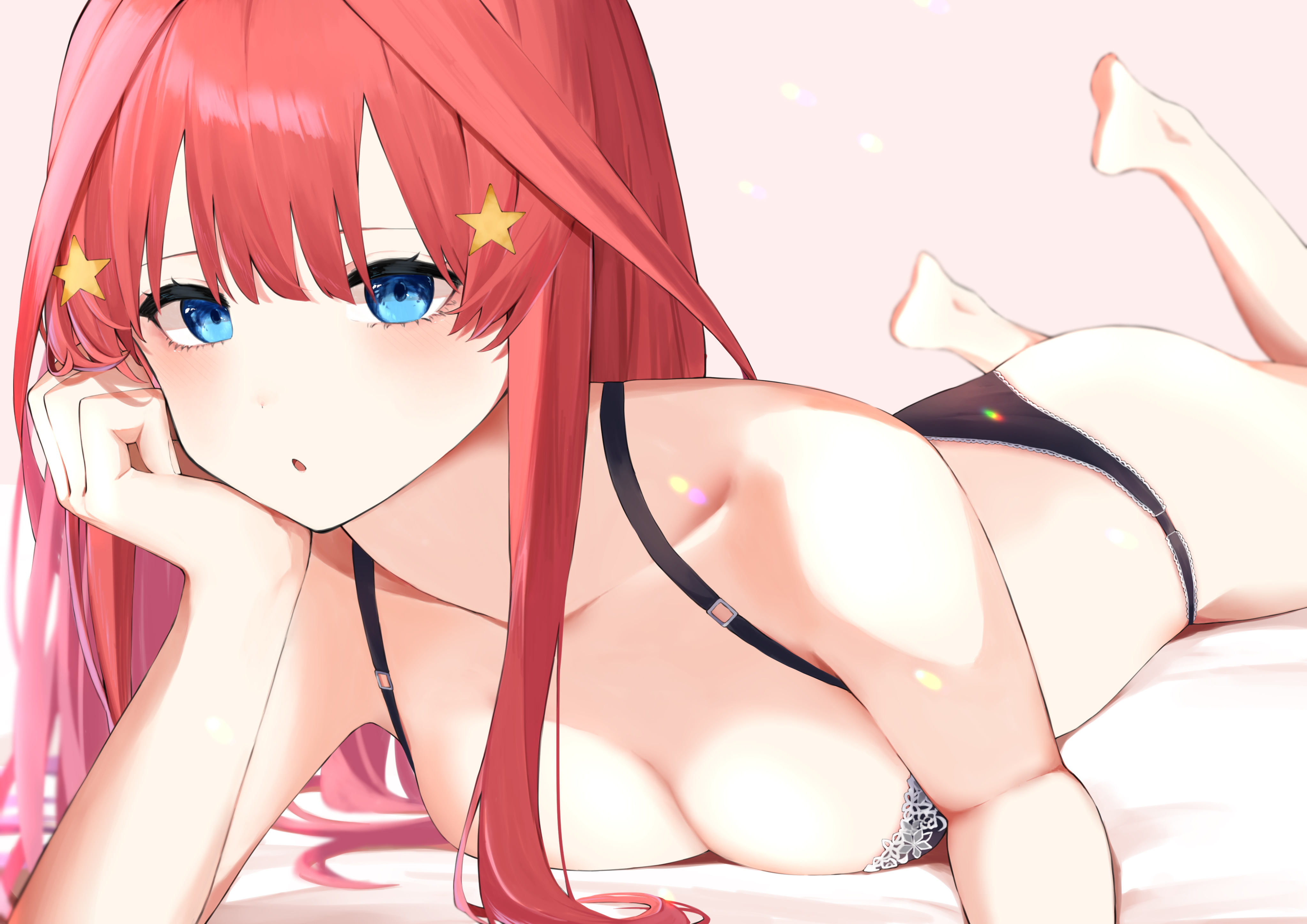 1girls, absurdres, bare shoulders, barefoot, bed, black panties, blue eyes, blush, bra, breasts, cleavage, female, go-toubun no hanayome, hair ornament, hand on own cheek, hand on own face, highres, jun (30409972), lace-trimmed bra, lens flare, lingerie, long hair, lying, medium breasts, nakano itsuki, on stomach, open mouth, panties, picot trim, picot trim panties, pink background, red hair, simple background, solo, star (symbol), star hair ornament, underwear