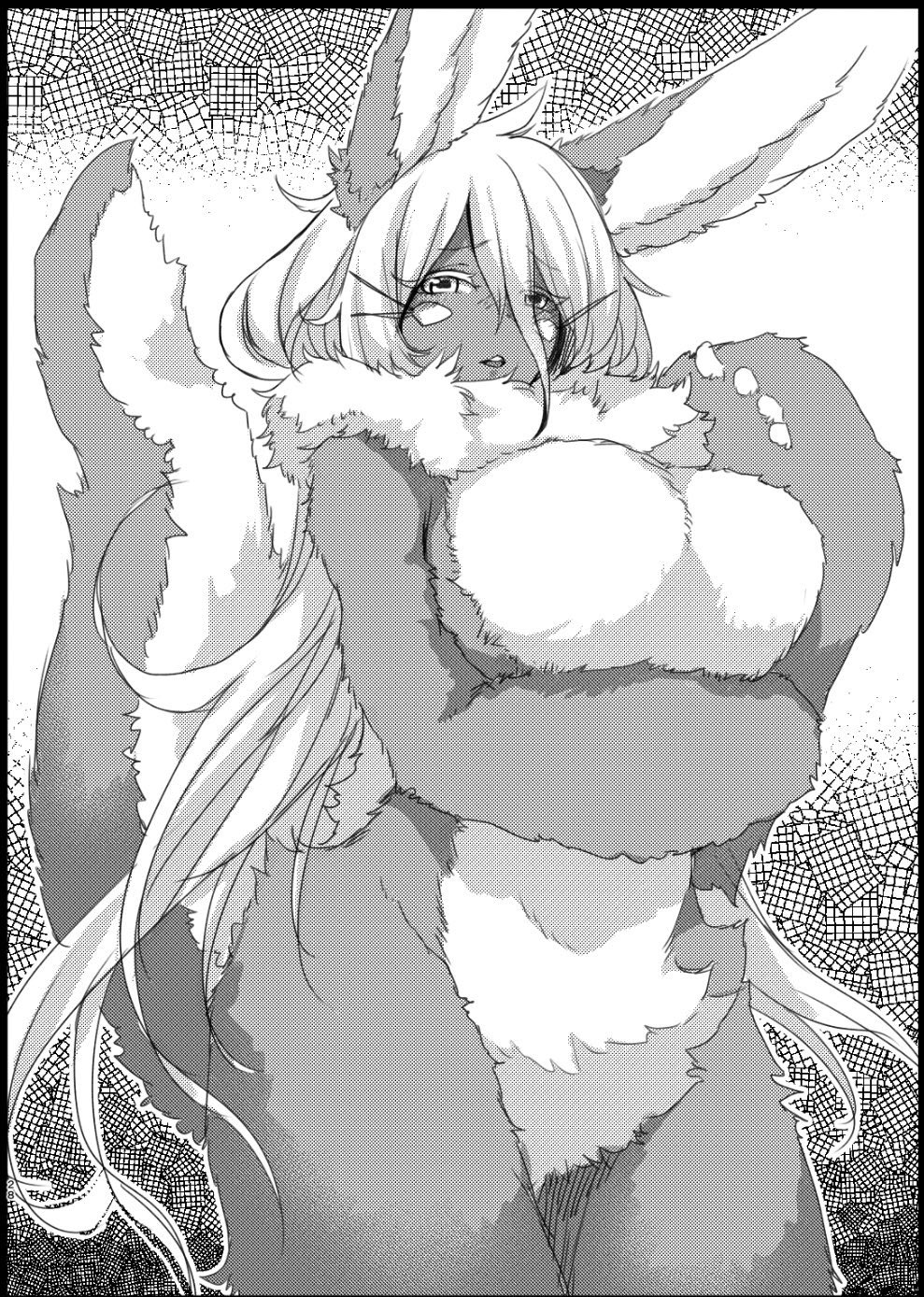 aged_up animal_ears anthro arm_under_breasts big_breasts crotch_tuft female female_only fluffy_ears fluffy_tail fur fur_collar huge_breasts lagomorph lagomorph_humanoid long_ears long_hair long_tail looking_at_viewer made_in_abyss nanachi narehate nude page_28 rabbit_ears rabbit_humanoid ranaecho solo tail very_long_hair whiskers