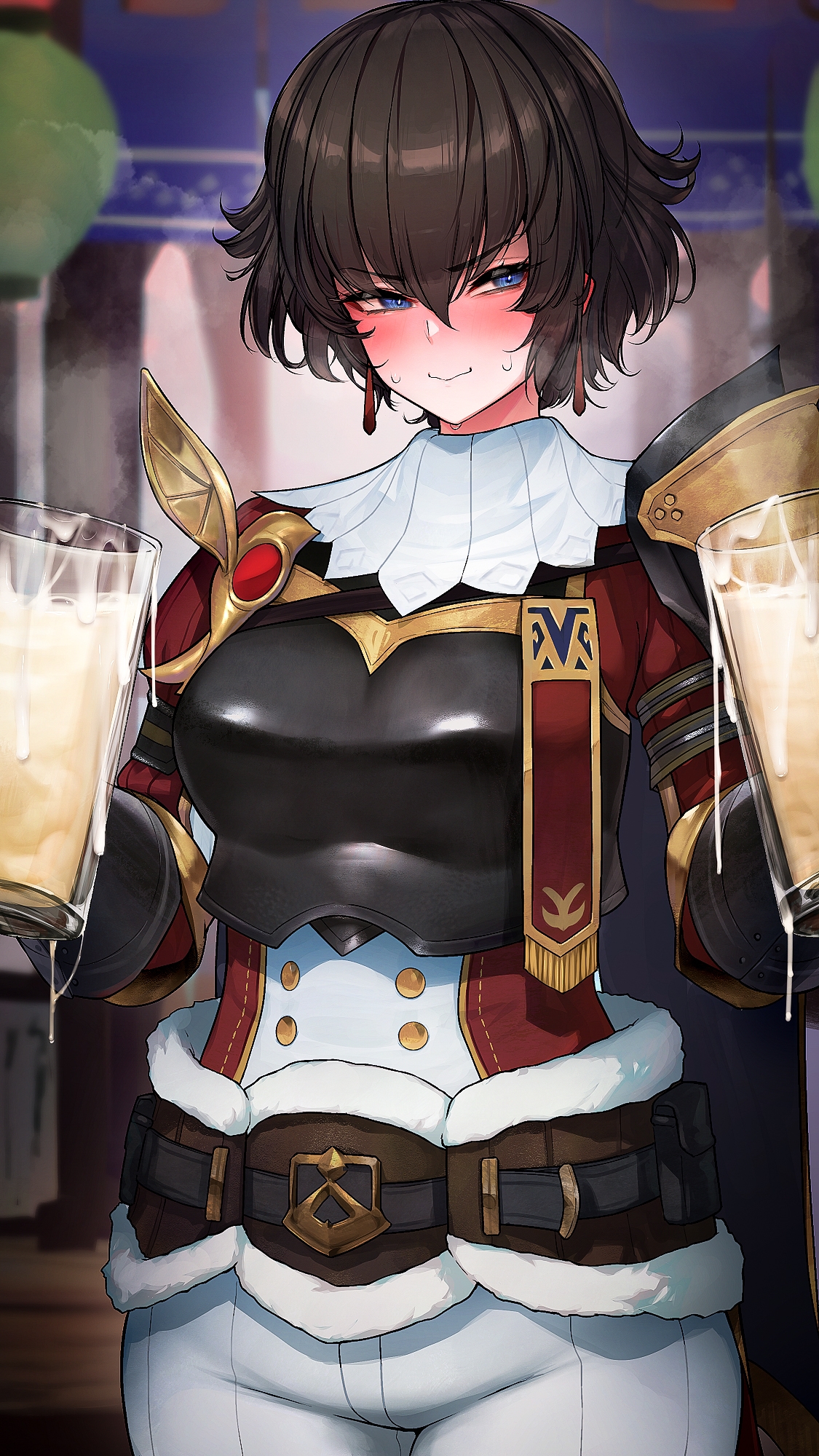 1girls, 2022, bangs, blue eyes, blunt bangs, blush, bottle, clothed, cum, cum drip, cum in container, cum in mug, cum string, cum trail, cumdrip, dark hair, earrings, eyebrows visible through hair, female, female only, fiorayne, fully clothed, glass of cum, gokkun, hair between eyes, hi res, high resolution, highres, hizake, holding, holding object, kashu (hizake), monster hunter, monster hunter rise, short hair, sidelocks, solo, solo female, standing, tagme, tomboy, wide eyed