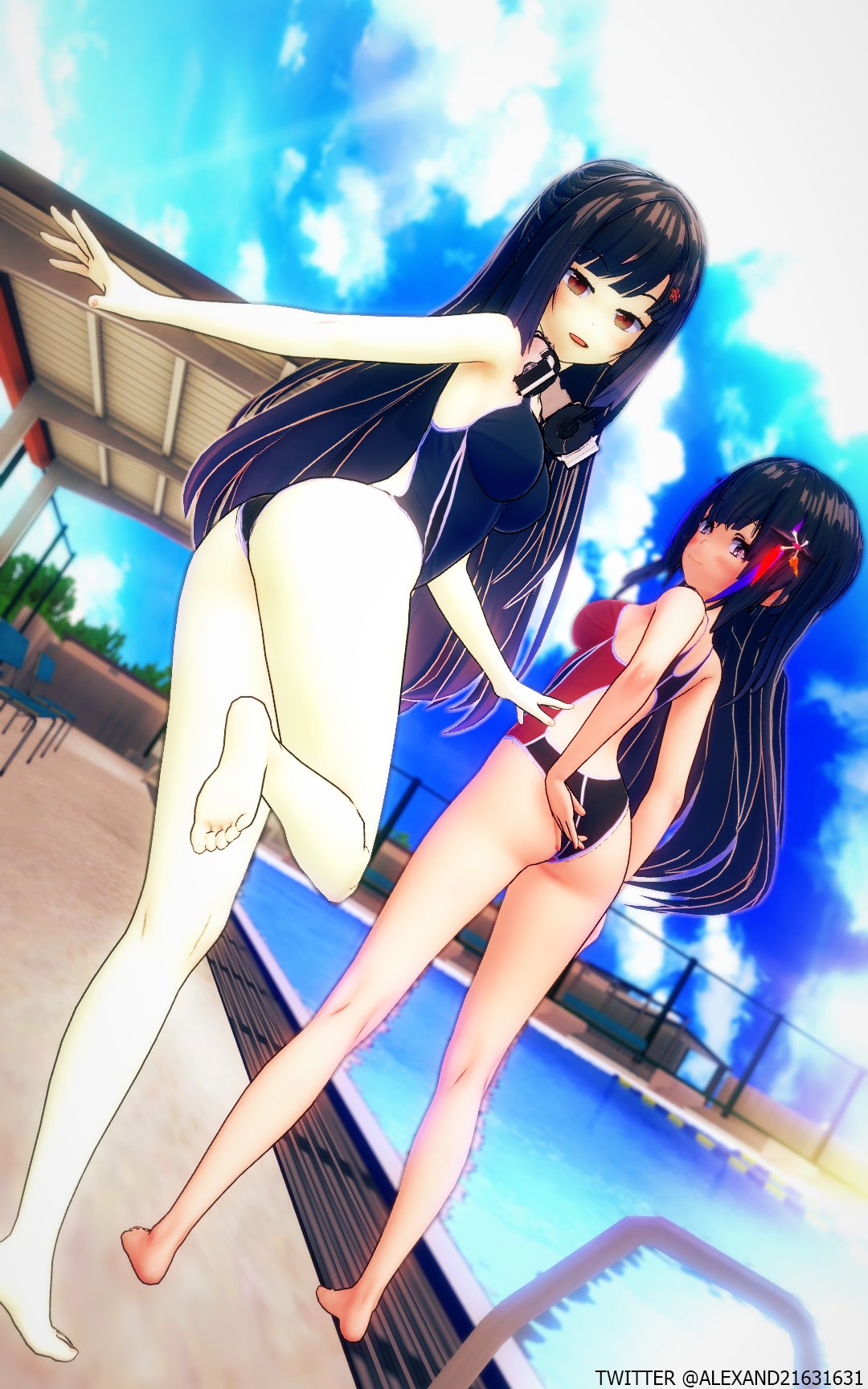 2022 2girls 3d female_only full_body hair_ornament hana_yomeguri headphones hina_misora indie_virtual_youtuber kuro_neko_(alexand21631631) light-skinned_female light_skin long_hair long_hair_female looking_at_viewer one_leg_up pale-skinned_female pool twitter_username virtual_youtuber wactor wactor_es wactor_production