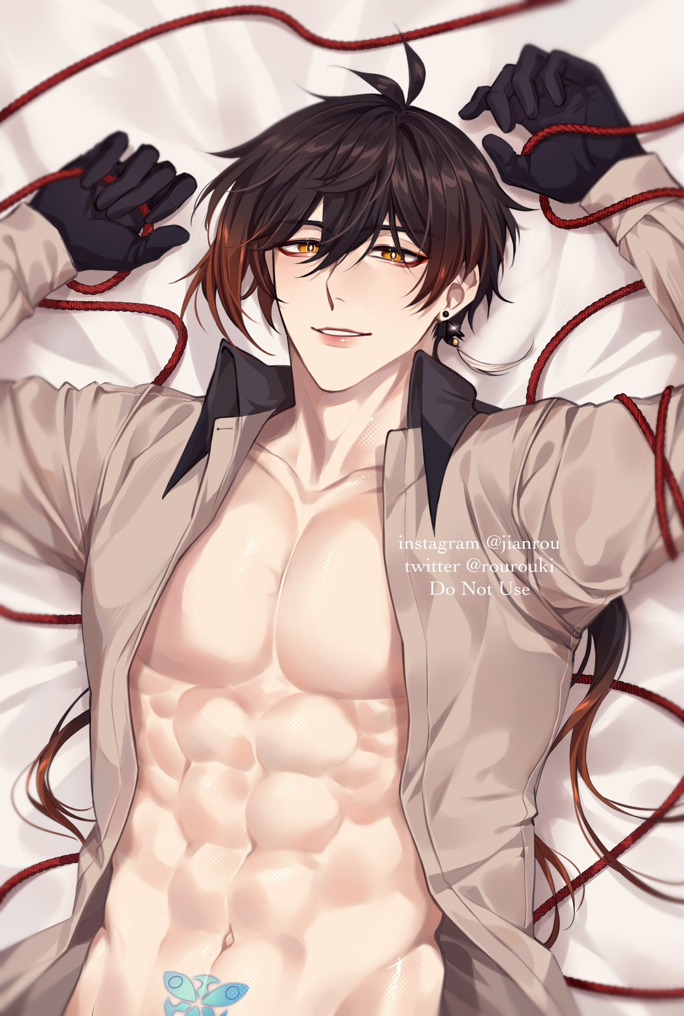 abs bed belly_markings big_breasts blue_hair breasts eight_pack fit fit_male genshin_impact god in_bed male male_only marking muscles muscular muscular_male on_bed red_string rourouki toned toned_body toned_male wet wet_skin zhongli_(genshin_impact)