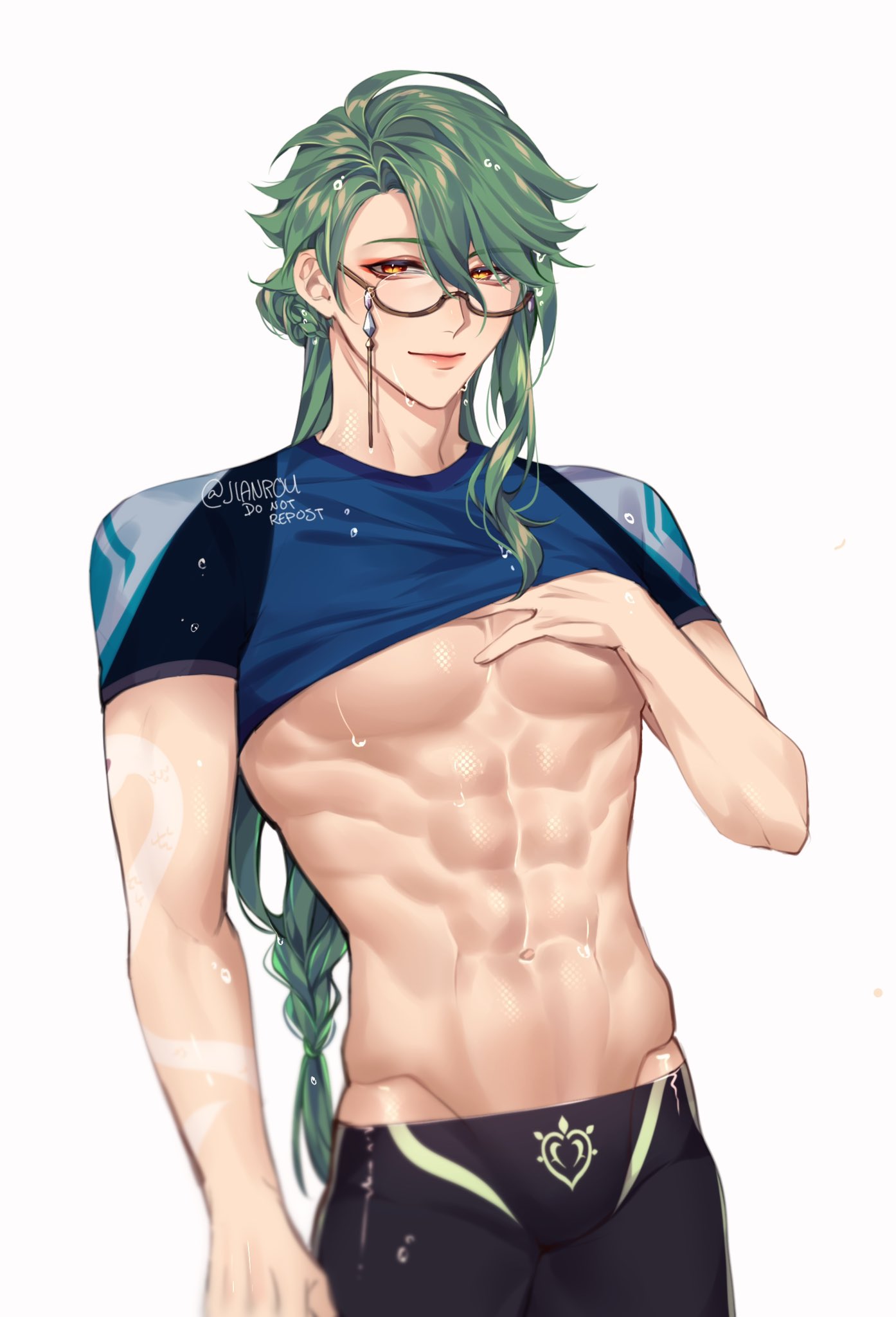 1boy abs baizhu_(genshin_impact) blue_hair doctor eight_pack fit fit_male genshin_impact glasses green_hair muscles muscular muscular_male rourouki shirt_up snake_eyes snake_tattoo solo_male tattoo tattooed_arm tight_shorts toned toned_body toned_male wet wet_skin