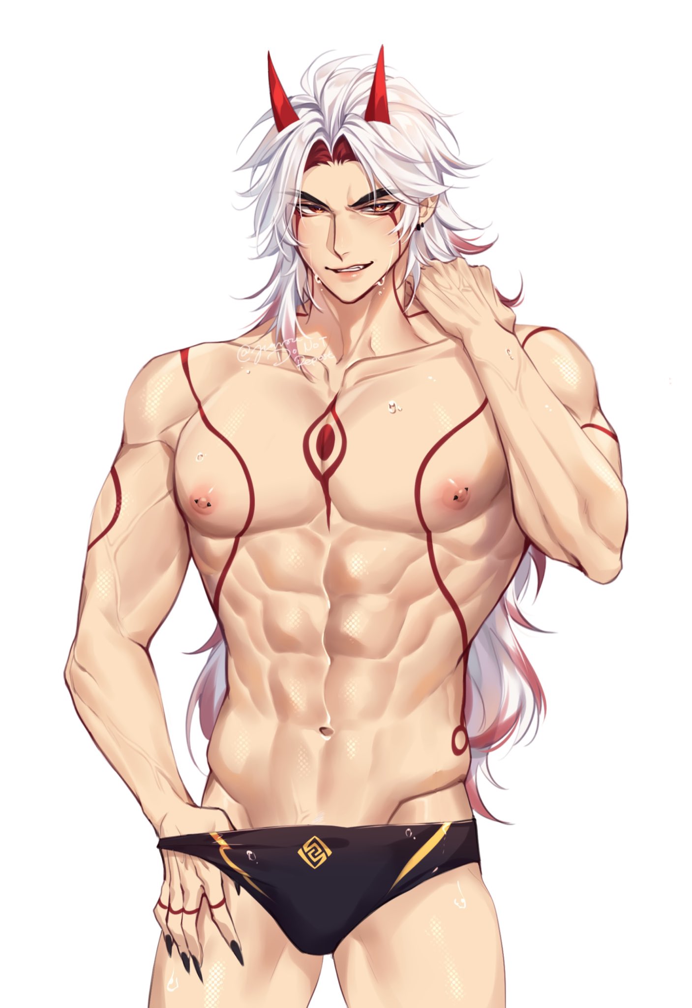 abs arataki_itto blue_hair eight_pack fit fit_male genshin_impact male_only markings muscles muscular muscular_male nipples oni oni_horns pecs rourouki toned toned_body toned_male versace wet wet_skin white_hair