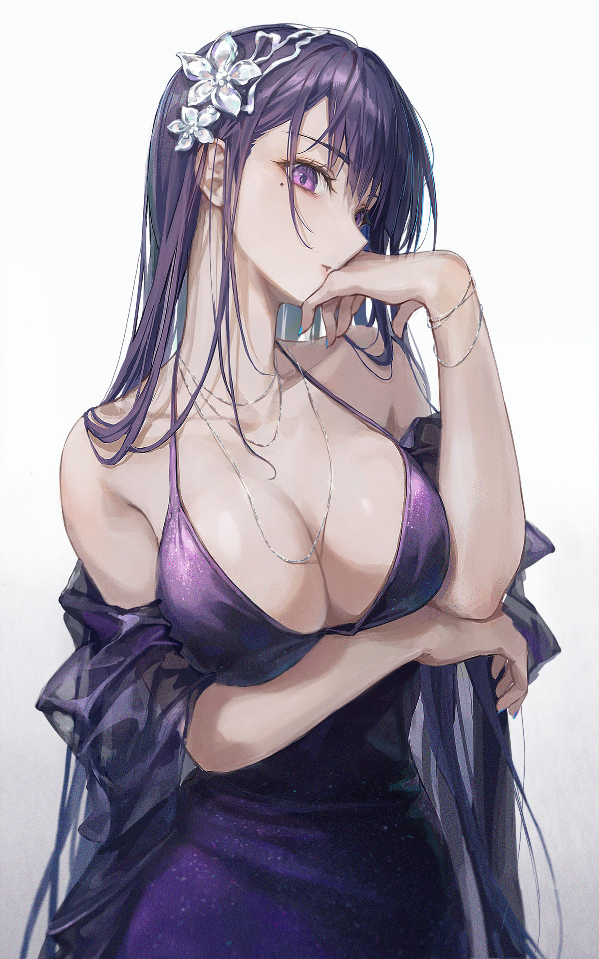 1girls amulet artist_request beauty_mark big_breasts breasts dress exposed_shoulders fashion female female_only flower_hair_ornament genshin_impact goddess hair_ornament hand_under_breasts handband huge_breasts jewelry large_breasts long_neck necklace purple_eyes purple_hair raiden_shogun roha shoulders smooth_skin solo tagme tagme_(artist) veil well_dressed