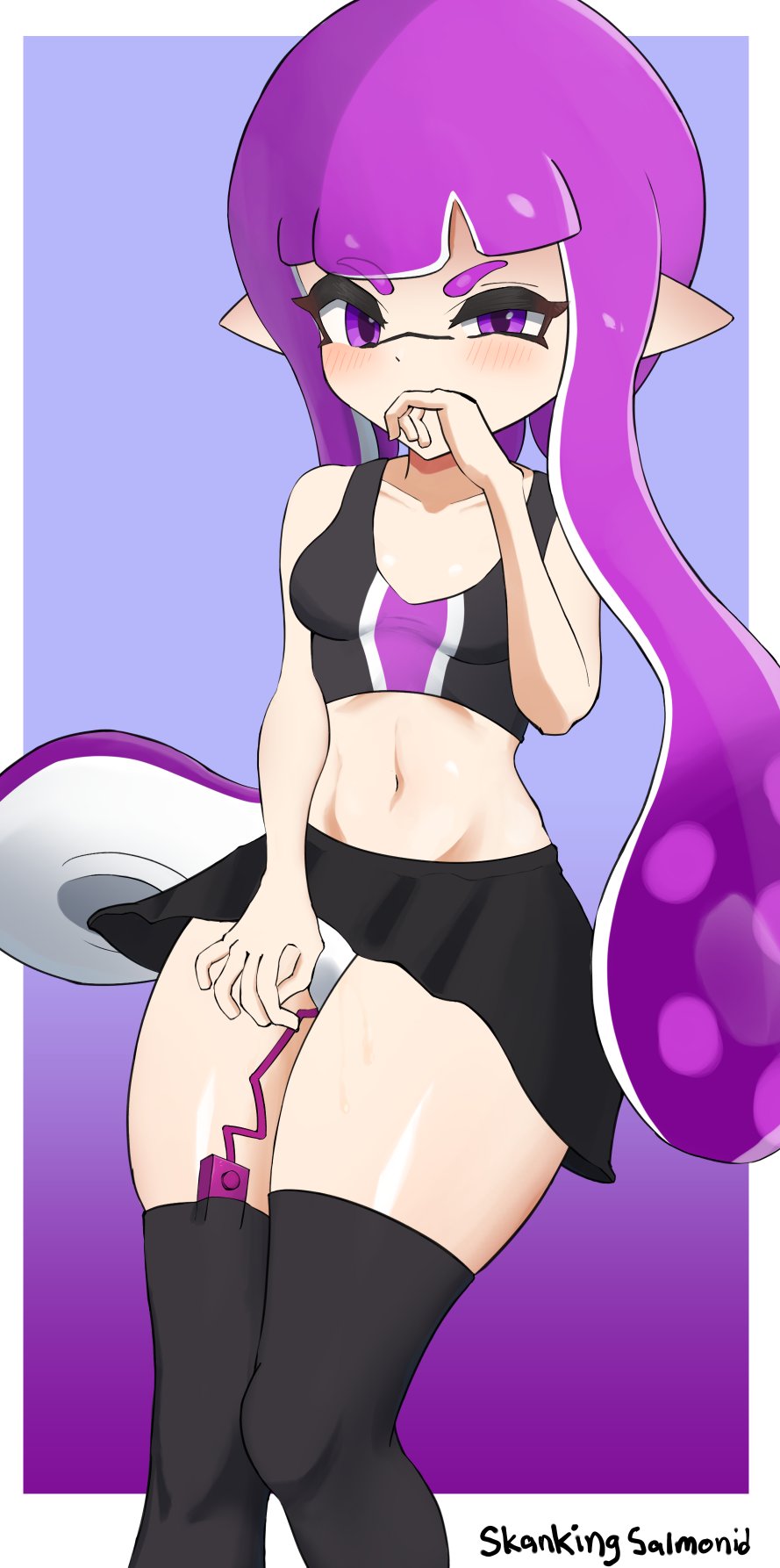 1girls black_skirt black_topwear blush covering_mouth digital_drawing_(artwork) digital_media_(artwork) female female_focus female_only inkling inkling_girl looking_at_viewer masturbation_through_clothing nintendo original_character purple_eyes purple_hair remote_control_vibrator skankingsalmonid splatoon splatoon_2 stained_panties stockings white_panties