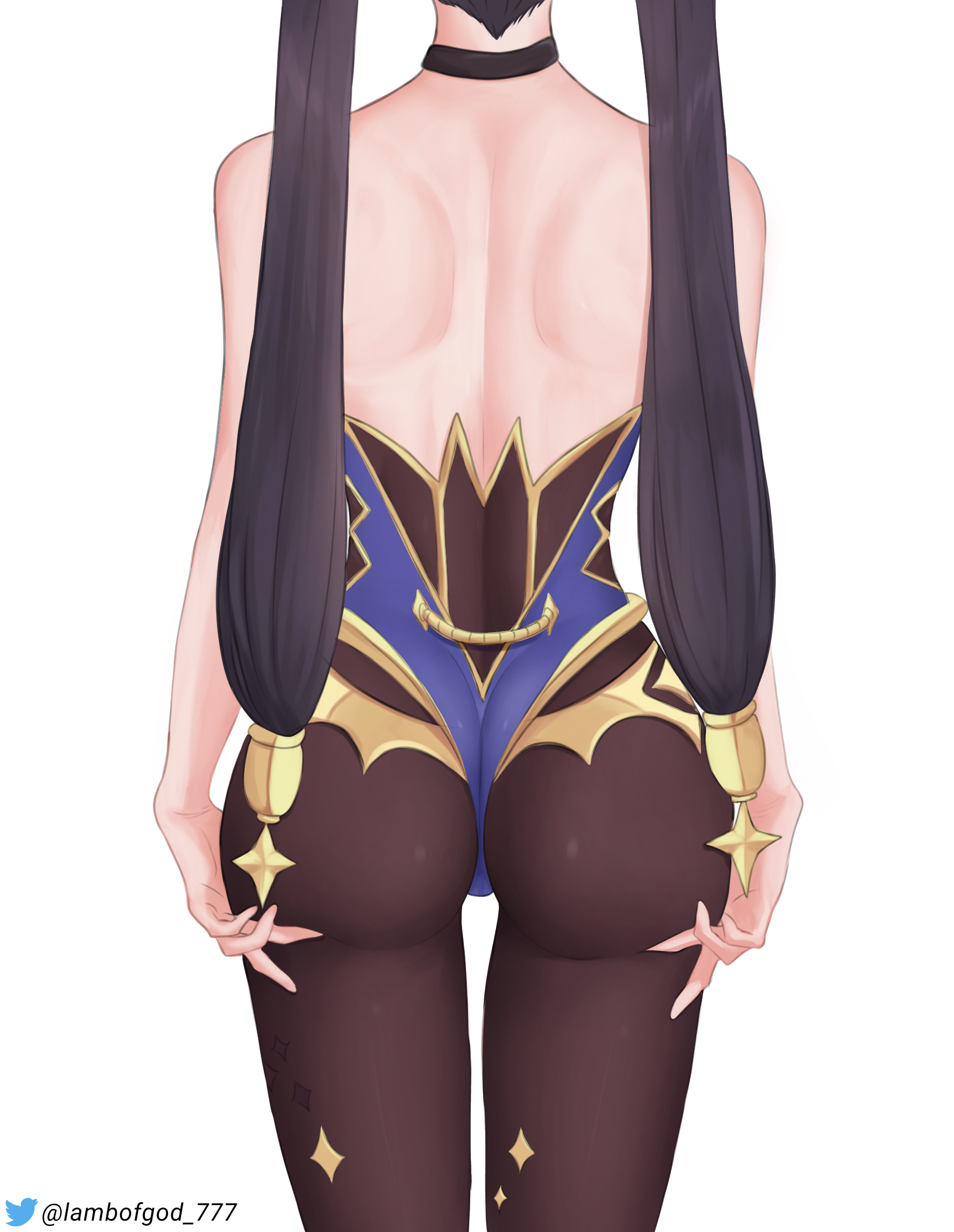 ass, ass grab, ass support, bare shoulders, black hair, deep skin, female, from behind, genshin impact, hair ornament, highres, huge ass, lambofgod, leotard, long hair, mona (genshin impact), oroborusart, pantyhose, savagexthicc, shiny, shiny clothes, shiny skin, solo, twintails, very long hair, white background