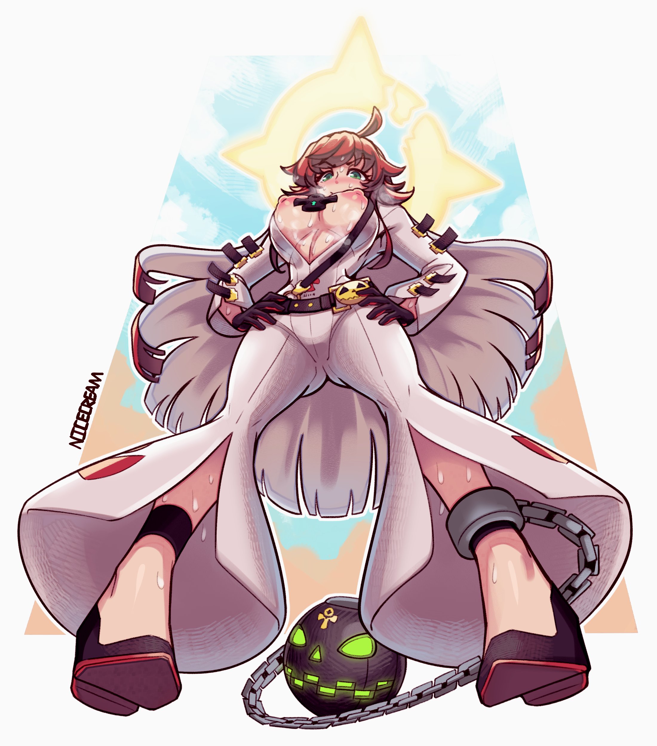 1girls, areola slip, artist name, ball and chain restraint, blush, bodysuit, breasts, center opening, chains, female, gloves, guilty gear, guilty gear strive, halo, hand on hip, jack-o' valentine, large breasts, looking at viewer, looking down, nicecream, nipples, red hair, sweat, sweatdrop, two-tone hair, underboob, white bodysuit, white hair