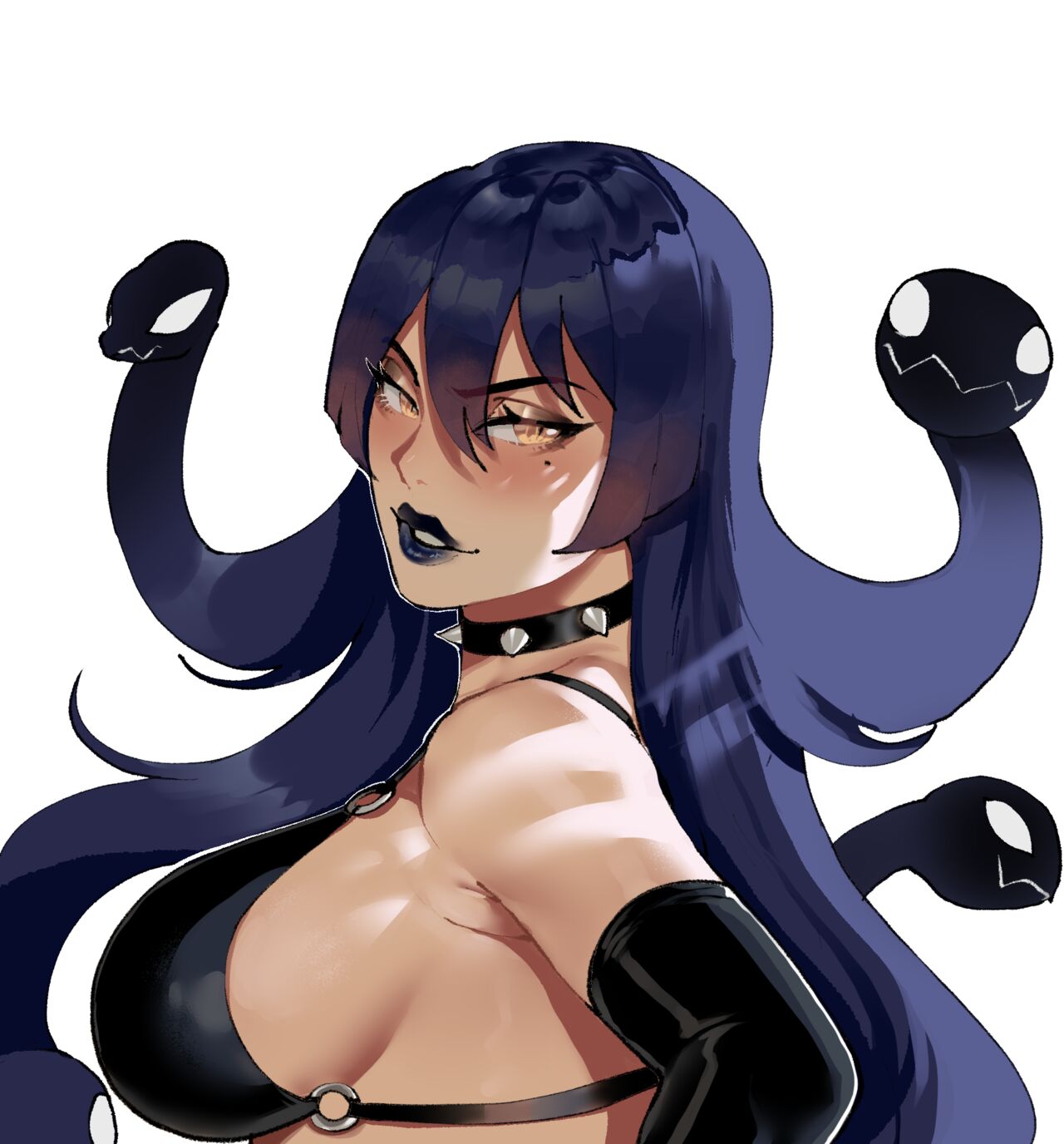 beauty_mark black_hair black_lipstick choker female female_only large_breasts medusa mole_under_eye prehensile_hair seductive_eyes seductive_smile sideboob slit_pupils sole_female solo solo_female spiked_collar thiccwithaq yellow_eyes