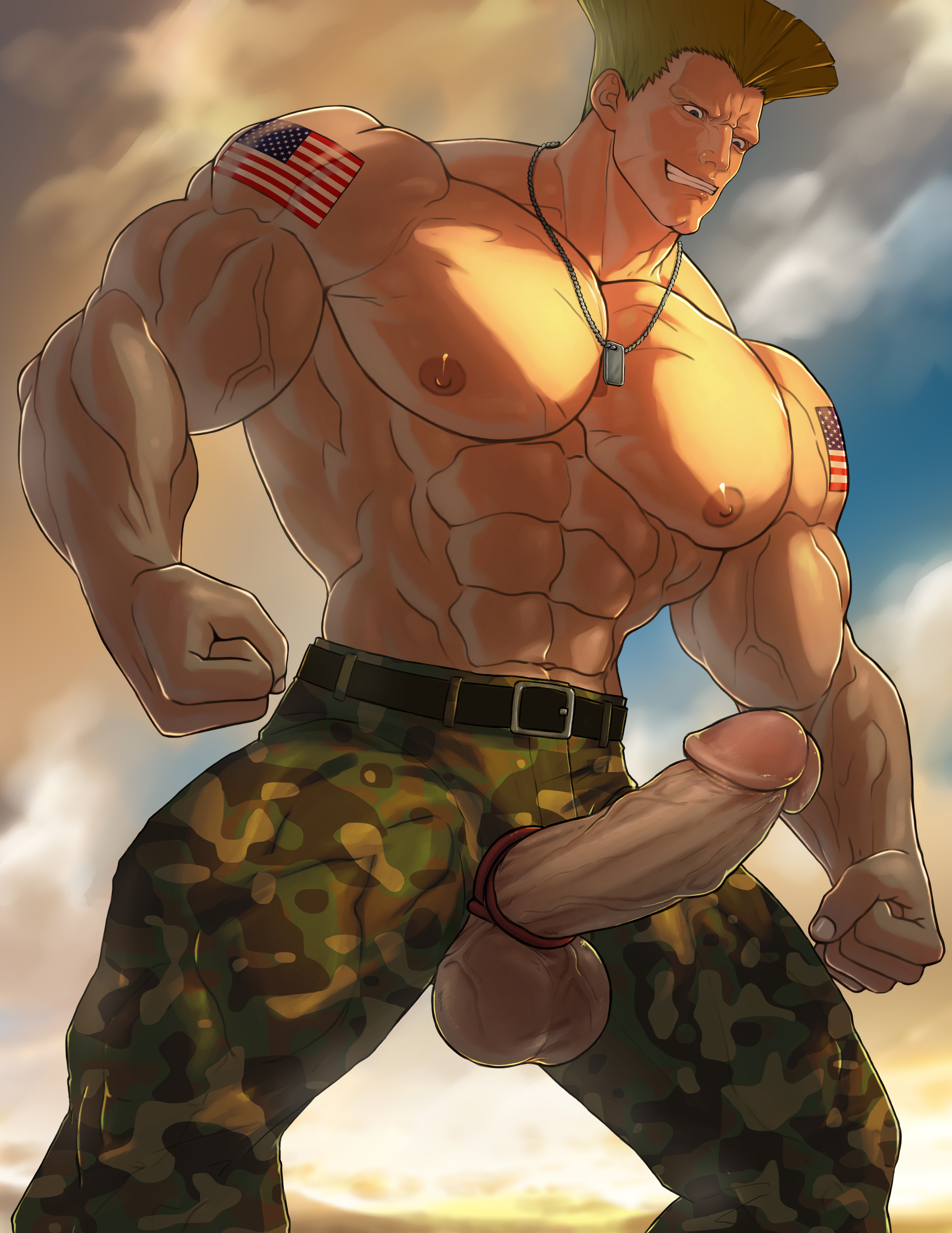 balls, bara, big balls, big penis, boner, capcom, cock ring, erection, gay, guile, hydaria, male, male only, muscles, muscular, penis, penis out, solo, solo male, street fighter, tattoo, yaoi