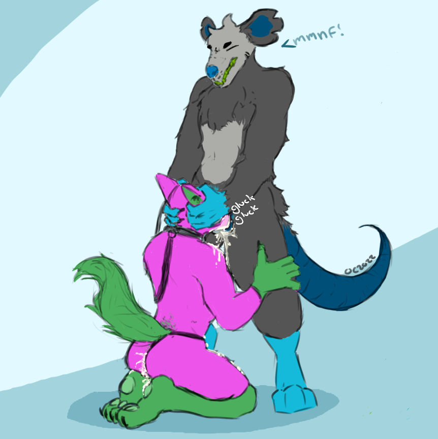 anthro blue_body blue_ears blue_feet blue_fur blue_nose blue_tail bodily_fluids collar cum cum_in_ass cum_in_mouth cum_inside duo ejaculation fellatio fur genital_fluids green_body green_fur hand_on_leg leash male male/male oral penile pink_body pink_fur sex wince