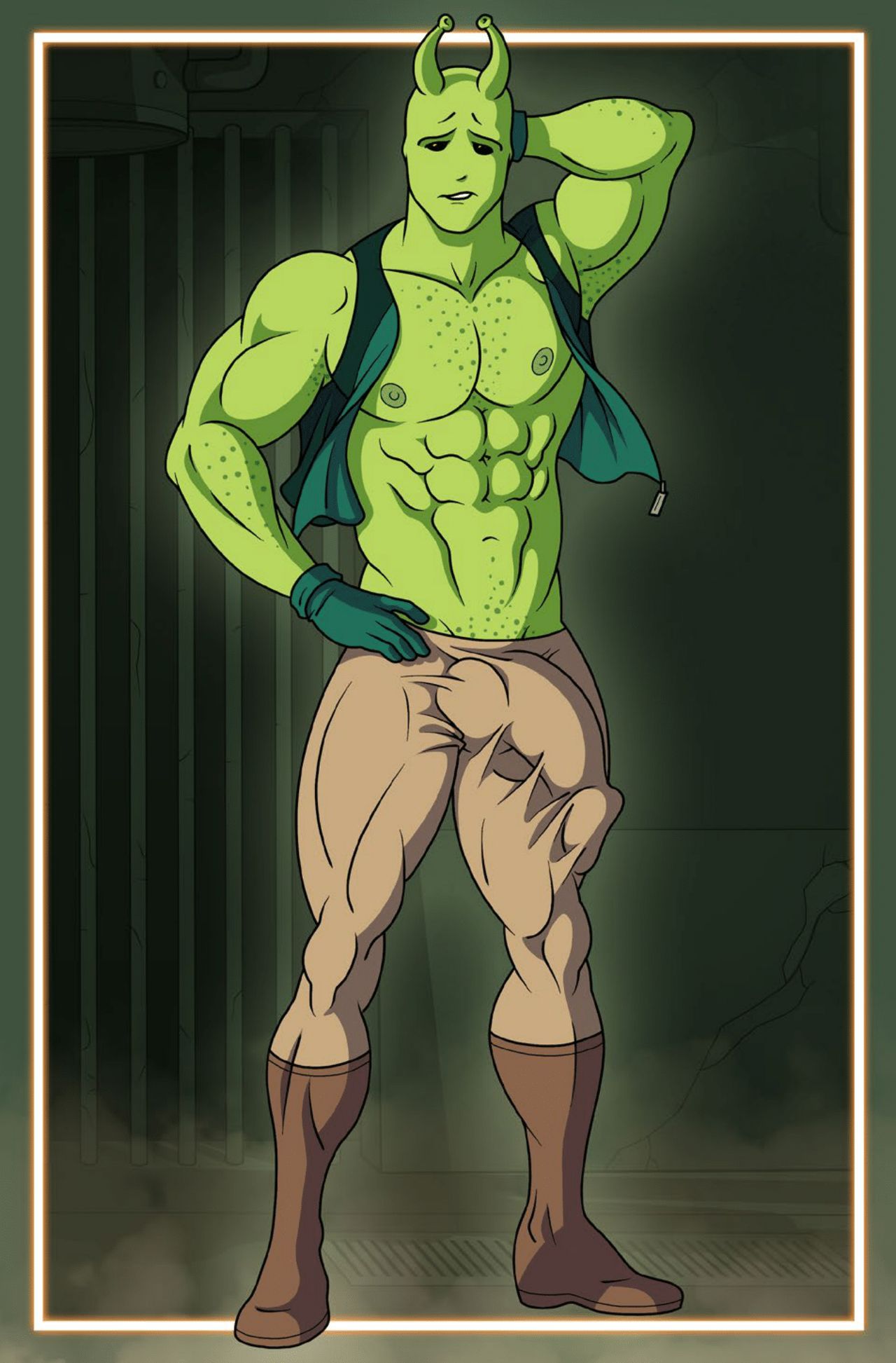 1male abs alexander_gay_art alien antennae big_penis bulge class_comics green_skin hand_behind_head locus male male_focus male_only muscles