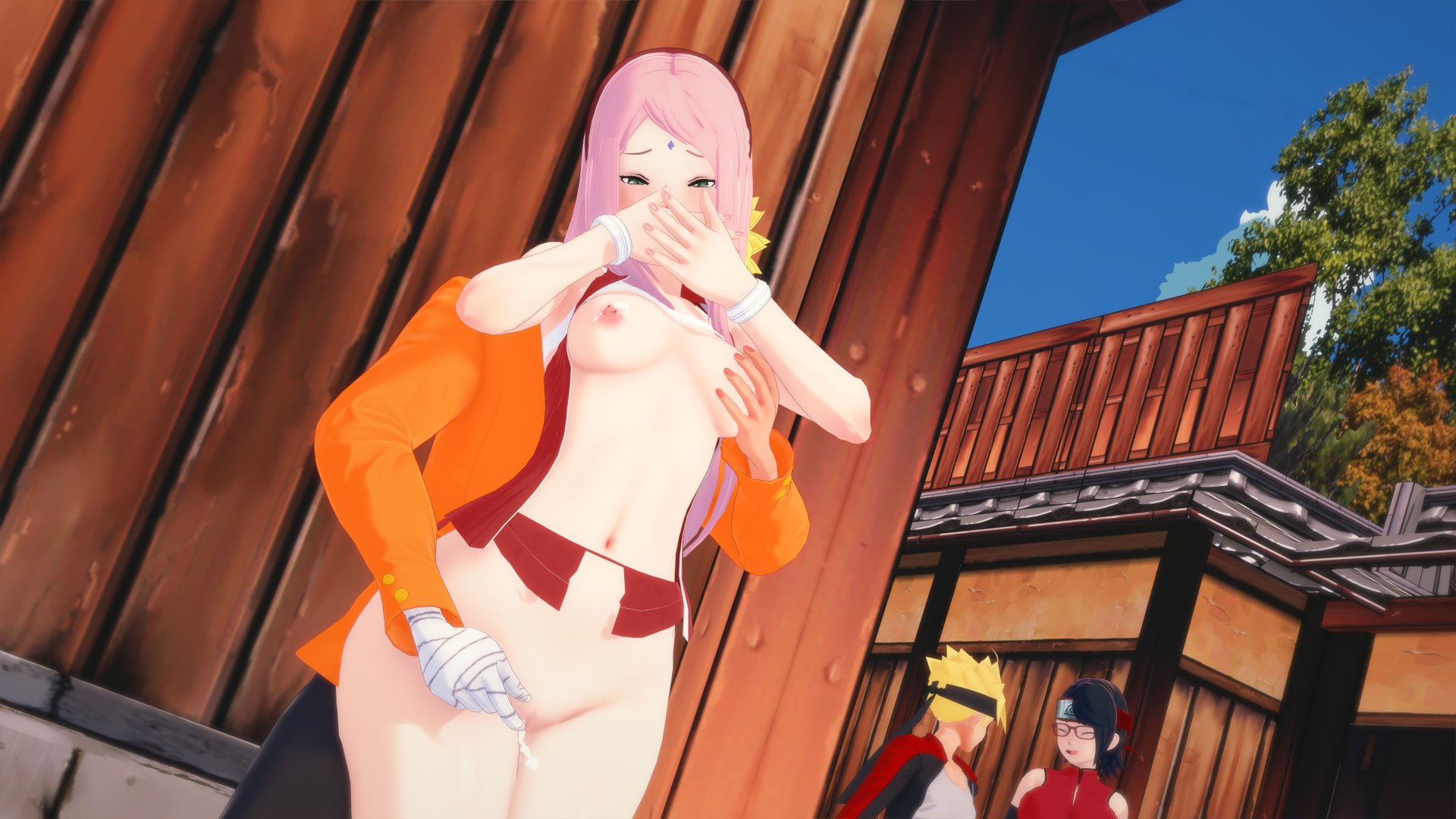 2boys, 2girls, 3d, after sex, after vaginal, against wall, black hair, blonde hair, boruto: naruto next generations, breast grab, breasts, cheating, cheating husband, cheating wife, couple, covering, covering mouth, duo, duo focus, father and son, female, glasses, hiding, knockwolf, koikatsu, male, male/female, mother and daughter, multiple boys, multiple females, multiple girls, multiple males, naruto, naruto (series), netorare, no bra, no panties, ntr, open clothes, outdoors, partially clothed, pink hair, pussy, sakura haruno, sarada uchiha, standing, standing sex, stealth, stealth sex, uzumaki boruto, uzumaki naruto