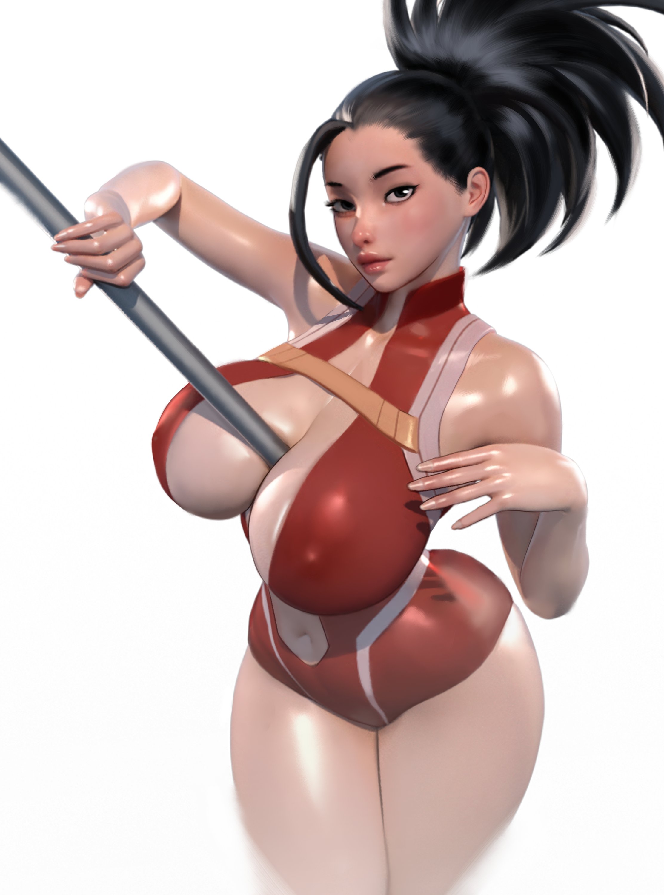 1girls, 3d, ass, big ass, big breasts, black hair, breasts, crossed legs, female, female only, hero outfit (mha), human, human female, leotard, light-skinned female, looking at viewer, momo yaoyorozu, momo yaoyorozu (hero outfit), my hero academia, popogori, quirk (mha), shiny skin, solo, superheroine, thick thighs, thighs, thighs together, white background