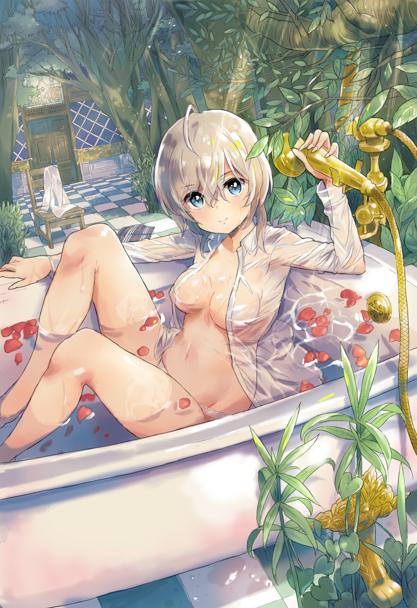 ahoge anastasia_(idolmaster) bangs bathing bathtub blue_eyes breasts chair checkered_floor claw_foot_bathtub clothed_bath collared_shirt commentary_request door dress_shirt dutch_angle faucet female from_side hair_between_eyes highres idolmaster idolmaster_cinderella_girls knees_up leaf light_rays long_sleeves looking_at_viewer looking_to_the_side medium_breasts nature navel no_bra no_pants open_clothes open_shirt panties partially_submerged petals plant see-through shirt short_hair shower_head silver_hair sitting skirt skirt_removed smile solo stained_glass sunbeam sunlight tetsujin_momoko tree underwear water wet wet_clothes wet_shirt white_panties white_shirt