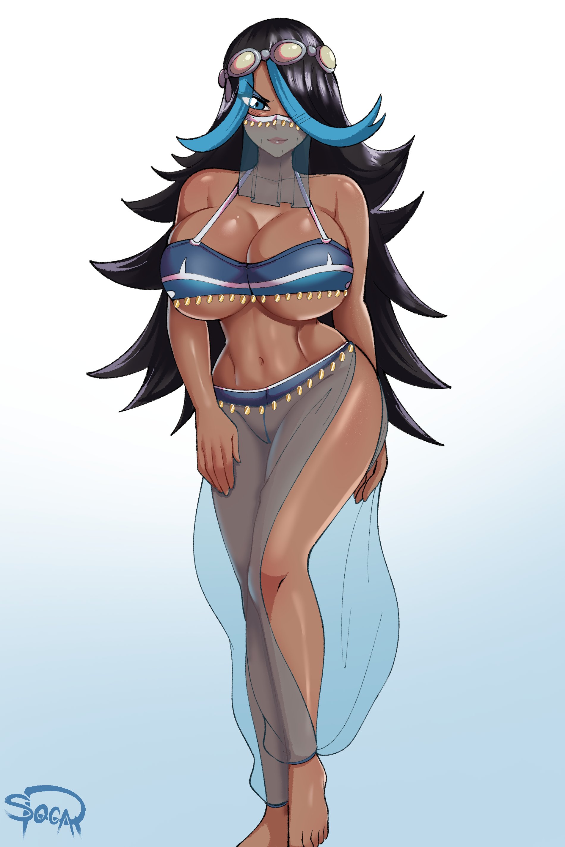 1girls, 2022, artist signature, belly dancer, belly dancer outfit, black hair, blue eyes, blue highlights, breasts, brewing, brown skin, commission, dancer outfit, dark skin, dark-skinned female, female, female only, hair ornament, hair over one eye, harem outfit, highlights, hips, huge breasts, long hair, lord socar, nintendo, pokemon, pokemon oras, shelly (pokemon oras), shelly (pokemon), silvina (pokemon), simple background, slim waist, team aqua, thick thighs, thighs, veil, wide hips