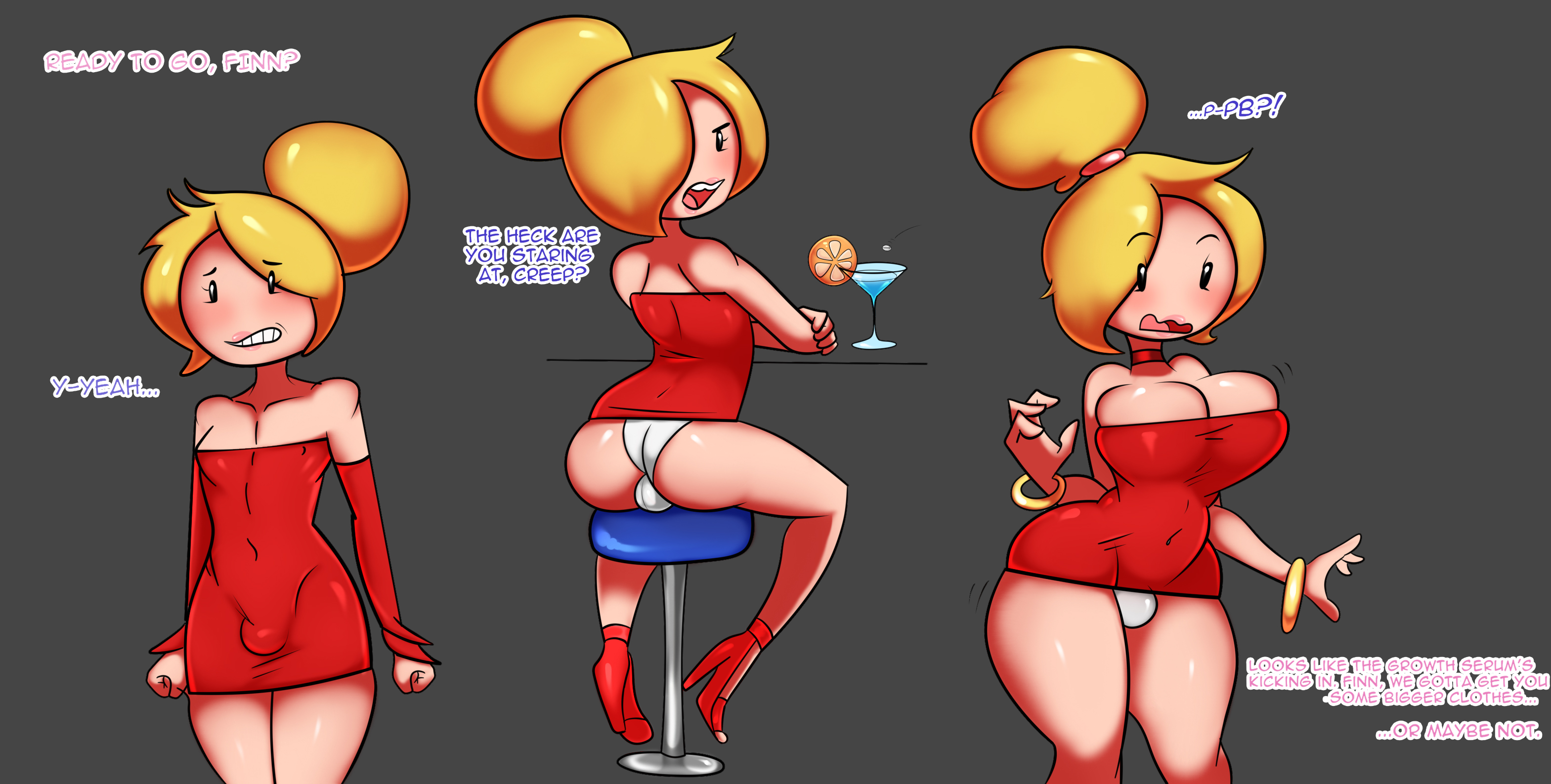 adventure time, arm sleeves, ass, blonde hair, breast growth, breasts, bulge, child bearing hips, crossdressing, dress, drink, dunnhierdraws, feminization, finn the human, futanari, hair bun, high heels, intersex, large breasts, lipstick, oddrich, panties, panty bulge, princess bubblegum