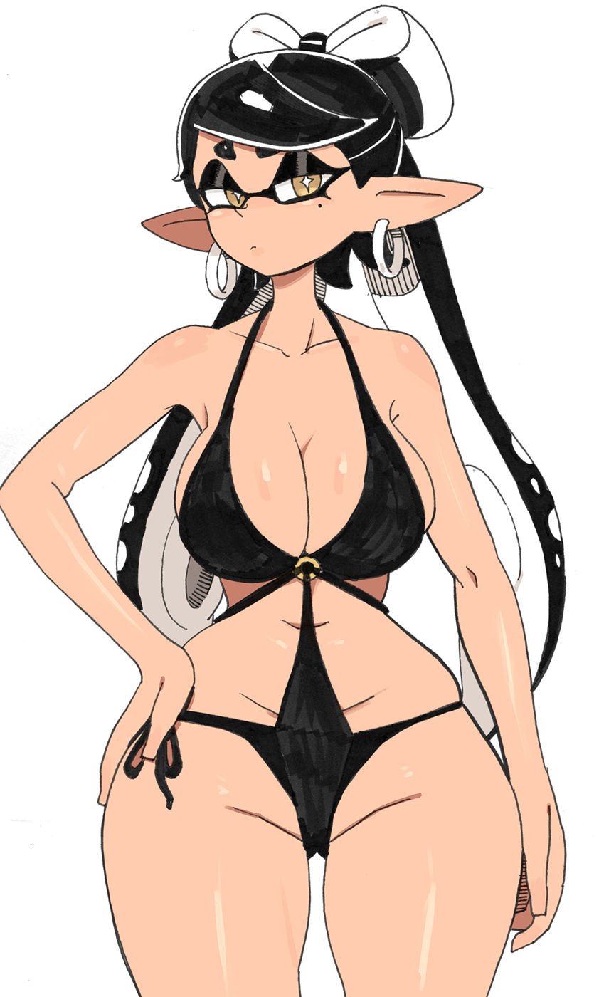 1girls, big breasts, bikini, black bikini, black hair, breasts, callie (splatoon), earrings, female, hips, inkling, nintendo, skin, small waist, splatoon, tentacle hair, yellow eyes, yuta agc