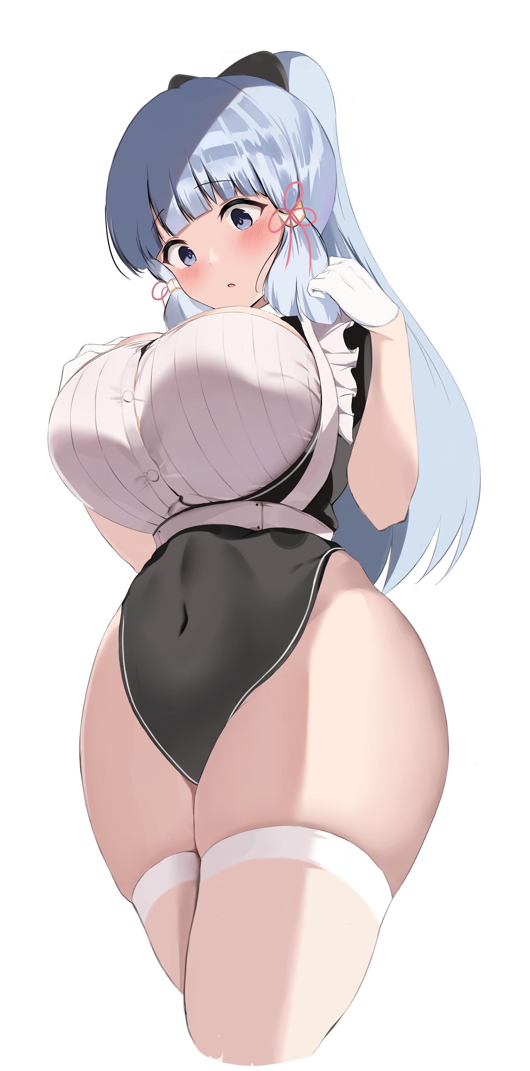 big breasts, blush, breasts, busty, child bearing hips, curvy, fat thighs, female, female only, genshin impact, hips, kamisato ayaka, maid, maid uniform, ponytail, thick thighs, thighhighs, thighs, wide hips