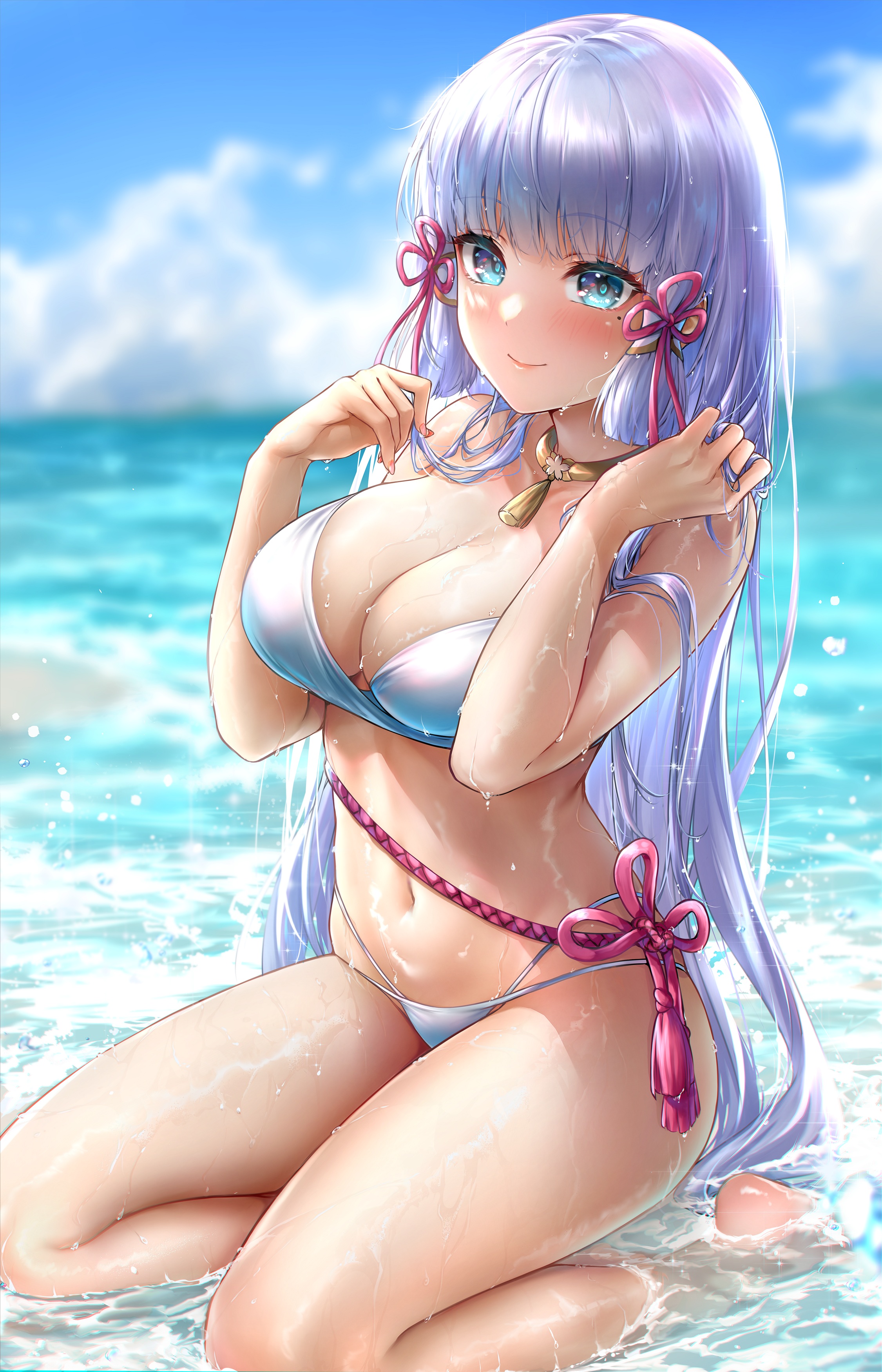 beach, bikini, blue eyes, blush, breasts, busty, cleavage, curvy, curvy female, feet, female, female only, genshin impact, hi res, kamisato ayaka, large breasts, long hair, looking at viewer, mihoyo, mole, mole under eye, on knees, rei kun, seductive, smile, swimwear, thighs, water, wet, wet body, wet skin, white bikini, white hair