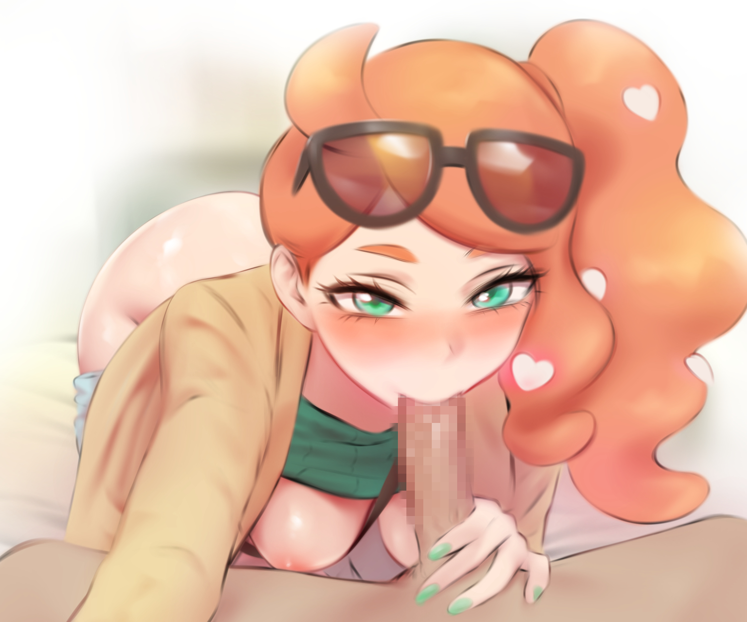 1girls, ass, ass up, big ass, big butt, blowjob, blush, blushing, breasts, breasts out, censored, censored penis, clothing, fellatio, female, glasses, glasses on head, green eyes, hearts, large ass, long hair, looking at partner, looking at viewer, male, nipples, open mouth, oral, orange hair, painted nails, pants down, penetration, penis, pokemon, pokemon ss, pov, pov eye contact, reaching towards viewer, redhead, sex, shirt, shirt lift, shpo, smile, sonia (pokemon), sucking, sucking penis
