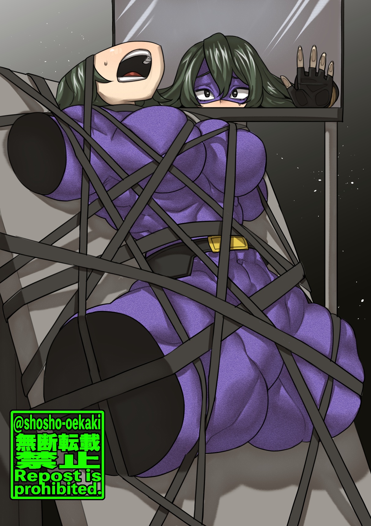 1girls, ass, big ass, big breasts, bondage, bound, breasts, cameltoe, captured, captured heroine, female, female human, female only, green hair, hero outfit (mha), huge ass, huge breasts, human, limbless, my hero academia, open mouth, pussy, shosho oekaki, solo, superhero costume, superheroine, tight clothing, tokage setsuna