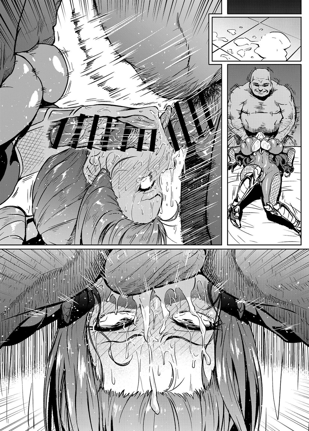 ahemaru, all the way to the base, balls, balls deep, big breasts, blowjob, breasts, censored, cross-eyed, cum, cum in mouth, deepthroat, face fucking, fat male, fellatio, groping, laying on bed, male, monochrome, rolling eyes, skimpy clothes, sweat, throat swabbing