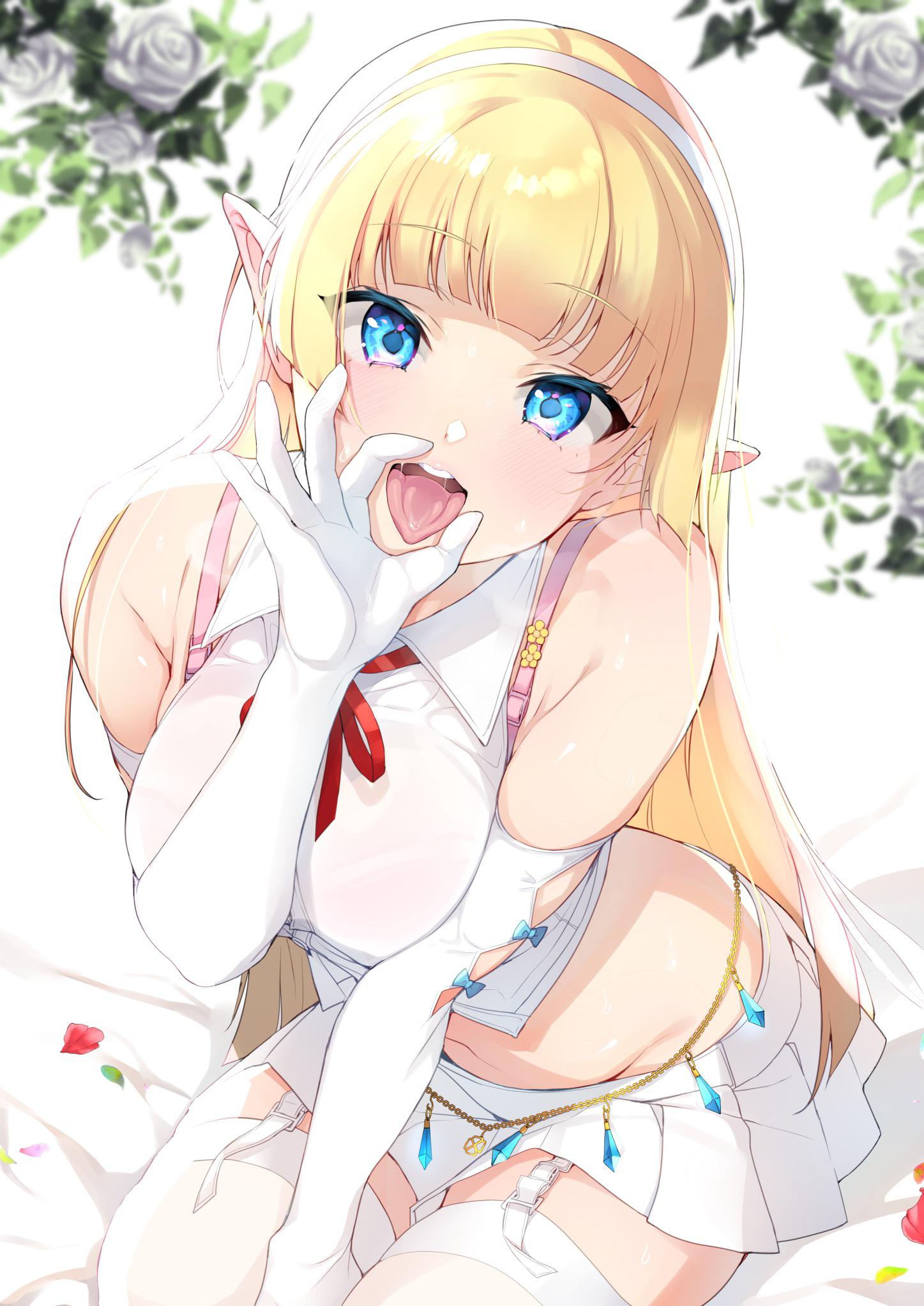 1girls, bare shoulders, bed sheet, blonde hair, blowjob face, blowjob gesture, blue eyes, bra strap, bra visible through clothes, breasts, elf, fellatio gesture, female, hi res, horny, horny female, inari (inariya), inviting, light skin, light-skinned female, looking at viewer, midriff, miniskirt, naughty face, open mouth, oral invitation, pink bra, pointy ears, radral dovahkiin (dseptet), saliva, see-through, see-through clothing, sitting, skirt, smile, thighhighs, tongue, tongue out, white legwear