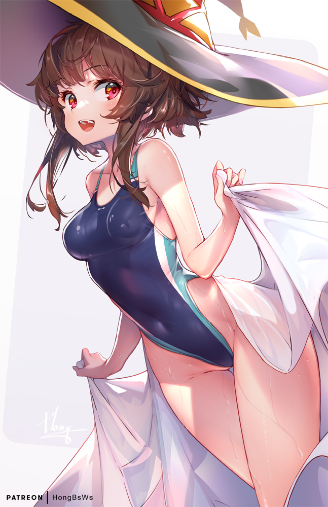 artist_name artist_signature breasts brown_hair female happy hong_(white_spider) horny kono_subarashii_sekai_ni_shukufuku_wo! megumin red_eyes swimsuit tagme wet witch_hat