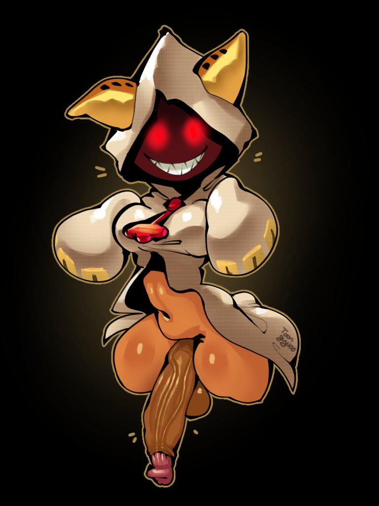 1futa, animal ears, art trade, balls, big balls, blazblue, bottomless, breasts, clothed, clothing, dark skin, dark-skinned futa, erection, futa only, futanari, hood, huge cock, humanoid, humanoid penis, intersex, partially clothed, penis, sharp teeth, smile, solo, taokaka, thick thighs, toonguy100, wide hips