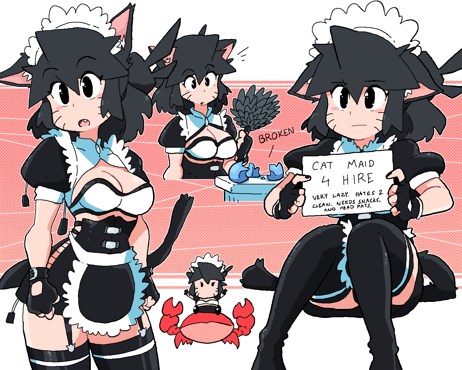 1girls, big breasts, black thighhighs, breasts, cat ears, cat girl, cat humanoid, cat maid, catgirl, crab, female, female only, lucia (scott malin), maid, maid uniform, original, scott malin, thighhighs