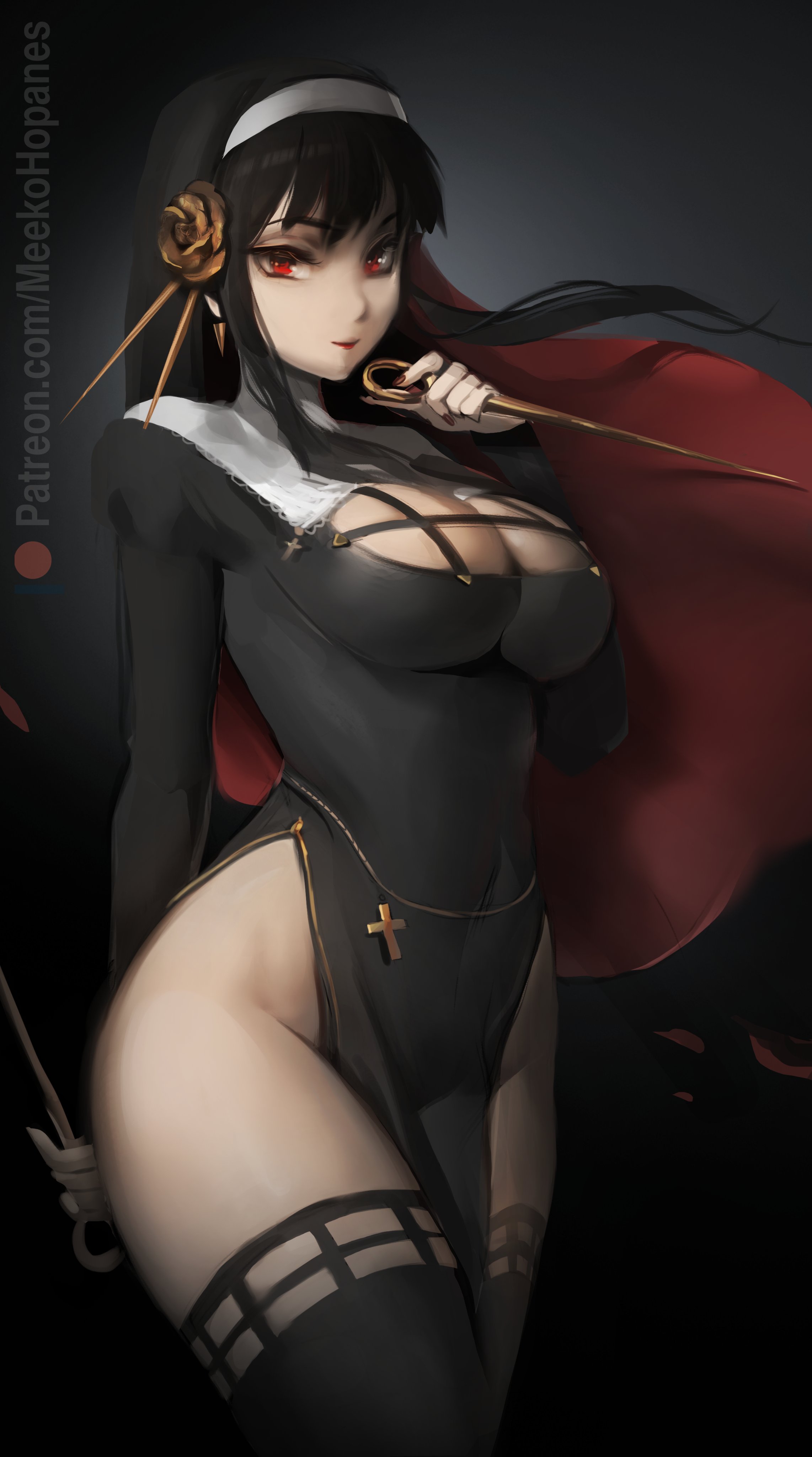 1girls, 2022, assassin, black hair, cleavage, female, female only, hips, holding object, light skin, light-skinned female, long hair, meekohopanes, nun, nun outfit, nun's habit, pale skin, pale-skinned female, red eyes, slim waist, spy x family, thick thighs, thighs, thorn princess, weapon, wide hips, yor briar, yor forger