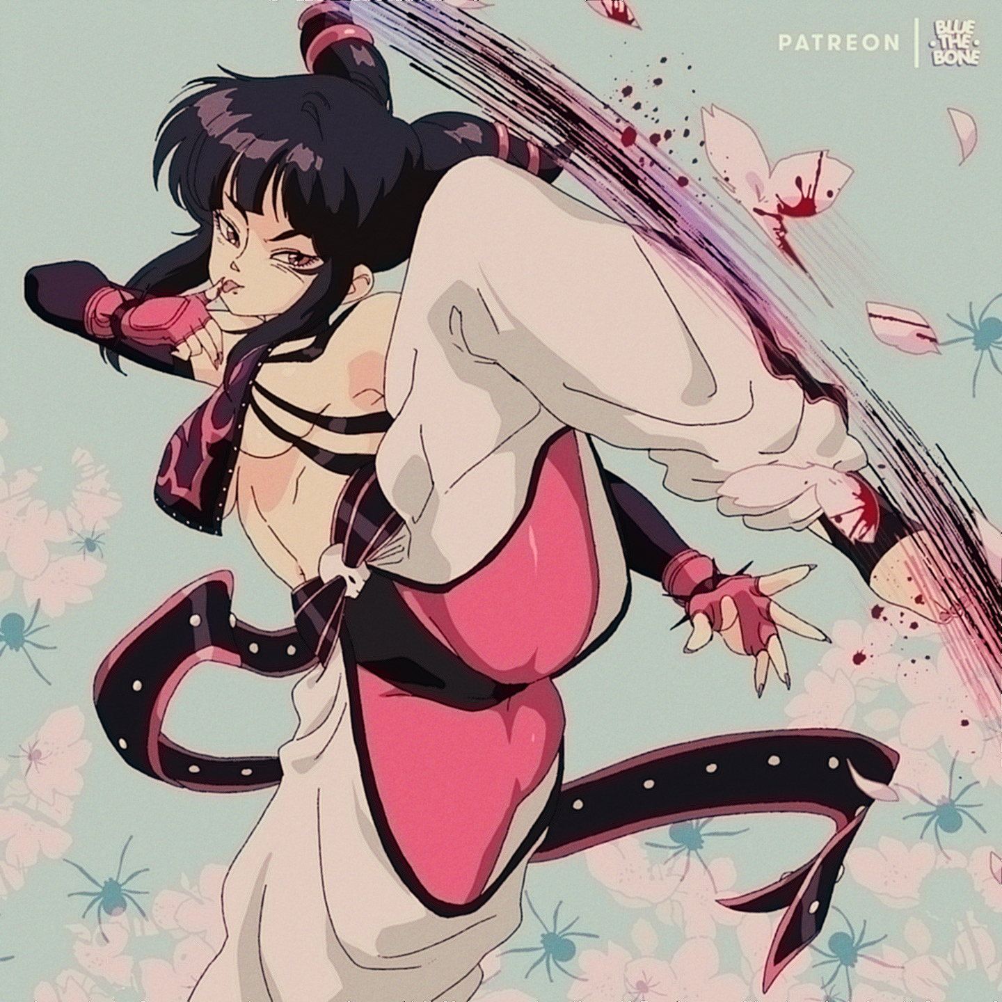 1girls, black hair, blood, bluethebone, breasts, capcom, female, female focus, female only, fingerless gloves, juri han, kicking, leg up, pose, posing, retro artstyle, solo, solo female, solo focus, spiked bracelet, standing, street fighter, tongue, tongue out