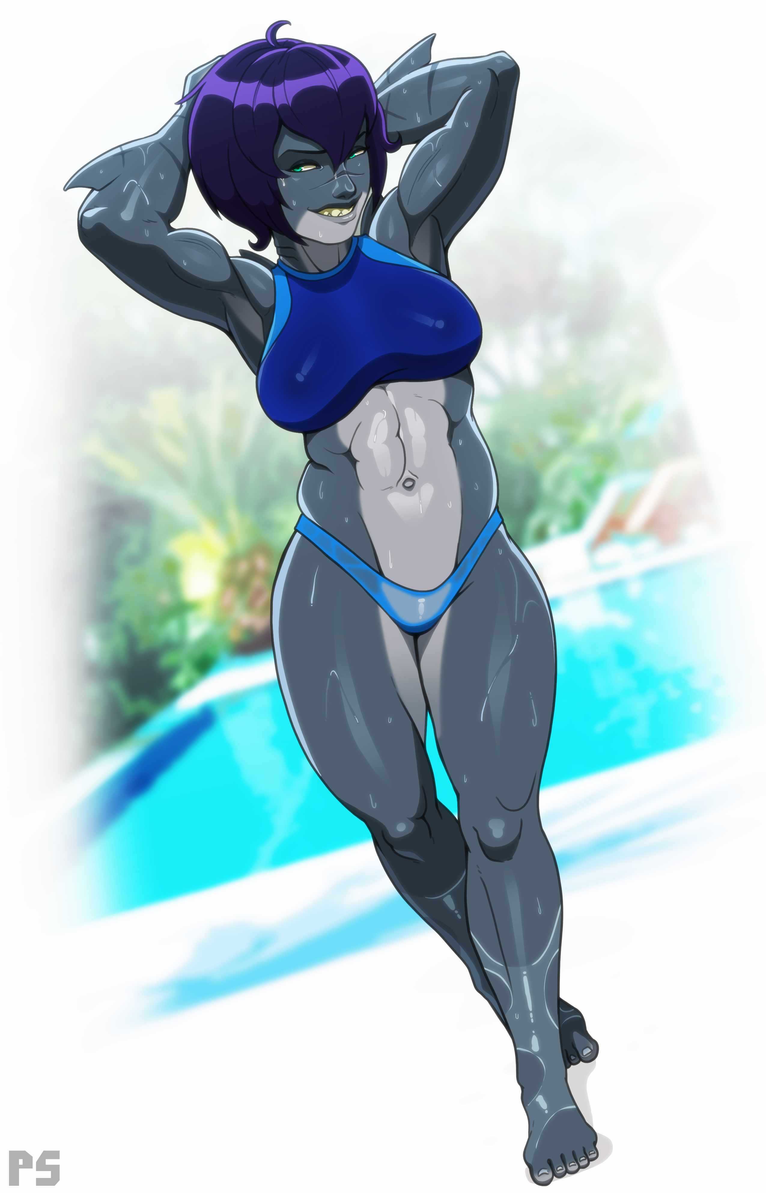 1girls, abs, absurd res, anthro, arms behind head, calf muscles, countershading, female, female only, fins, gills, green eyes, grey skin, humanoid, looking at viewer, marine, medium hair, muscles, muscular, muscular arms, muscular female, narrowed eyes, nipple bulge, original, poolside, pumpkinsinclair, purple hair, scar, scar on nose, shark, sharp teeth, smiling, smiling at viewer, solo, solo female, swimsuit, teeth showing, wet body, zhaleh