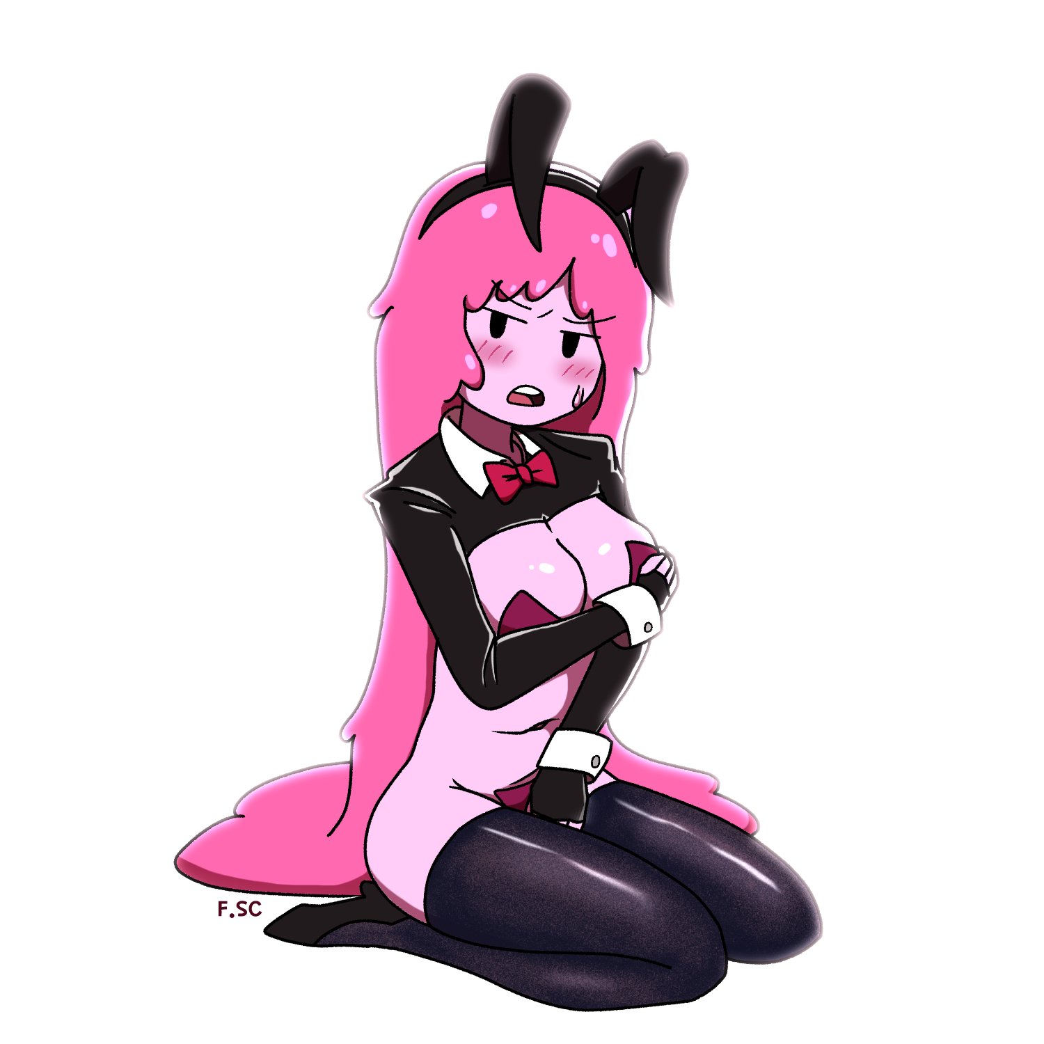2022, adventure time, black eyes, blush, bowtie, breasts, bunny ears, bunnysuit, cartoon network, cleavage, female, female only, fizzyspidercider, long hair, looking at viewer, maebari, pink body, pink hair, princess bubblegum, reverse bunnysuit, shy, simple background, thighhighs, thighs
