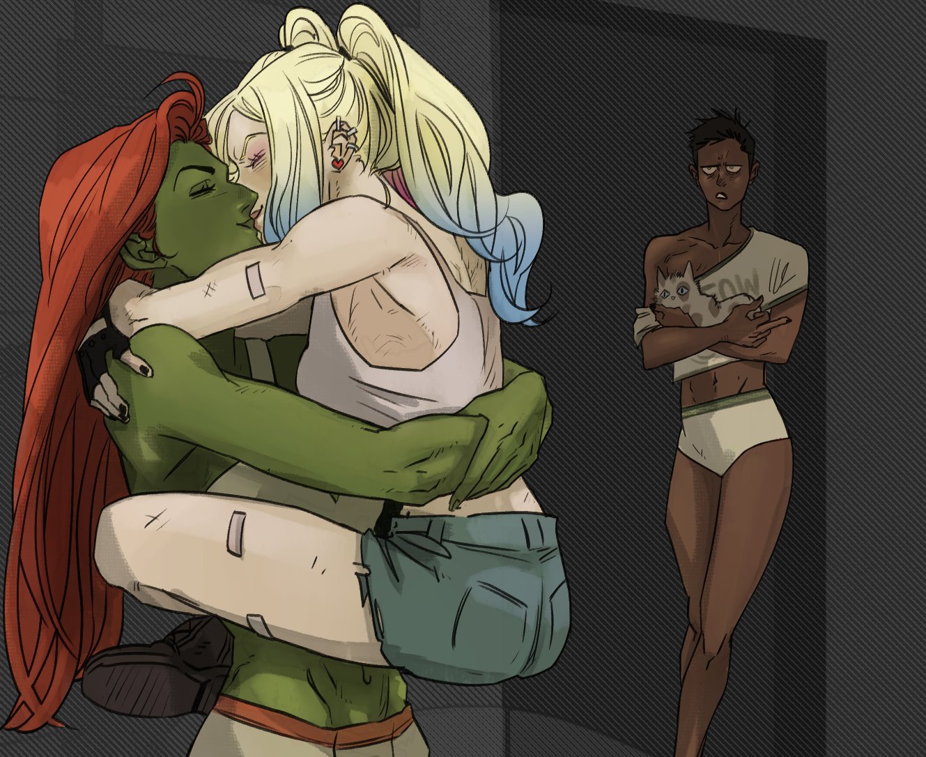 2d, 3girls, ass, batman (series), big ass, canon couple, cat, catwoman (cosplay), dark skin, dark-skinned female, dc, dc comics, female, female only, girlfriend, gotham city sirens, green skin, green-skinned female, harley quinn, hugging, kissing, light skin, light-skinned female, marceline2174, middle finger, pamela isley, piercing, poison ivy, stand and carry position, text, thick thighs, underwear, watching, wholesome, yuri