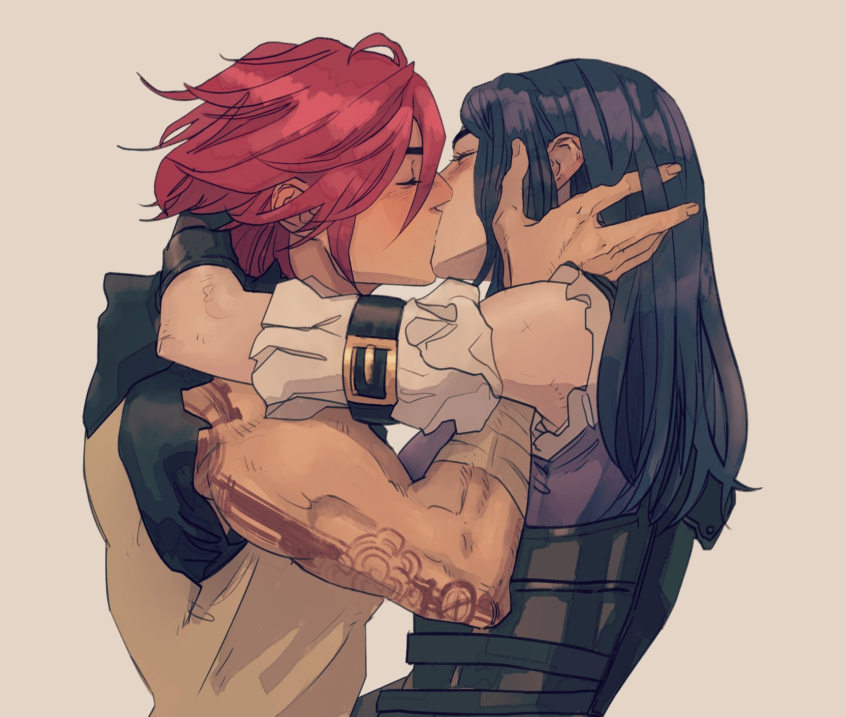2girls, arcane, blue hair, caitlyn kiramman, canon couple, clothing, female, female only, hands on face, hi res, kissing, league of legends, lesbian, light skin, light-skinned female, marceline2174, muscular, muscular female, pink hair, short hair, tattoo, vi, white background, wholesome, yuri