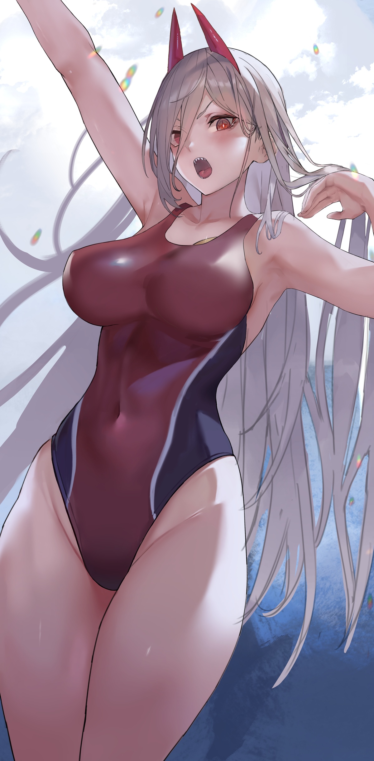 1girls, belly bulge, blonde hair, breasts, chainsaw man, cross-shaped pupils, devil, female, female only, horn, horns, kazumasawatari, long hair, looking at viewer, mouth open, nipple bulge, one-piece swimsuit, open mouth, power (chainsaw man), red horns, sharp teeth, solo, solo female, swimsuit, very long hair