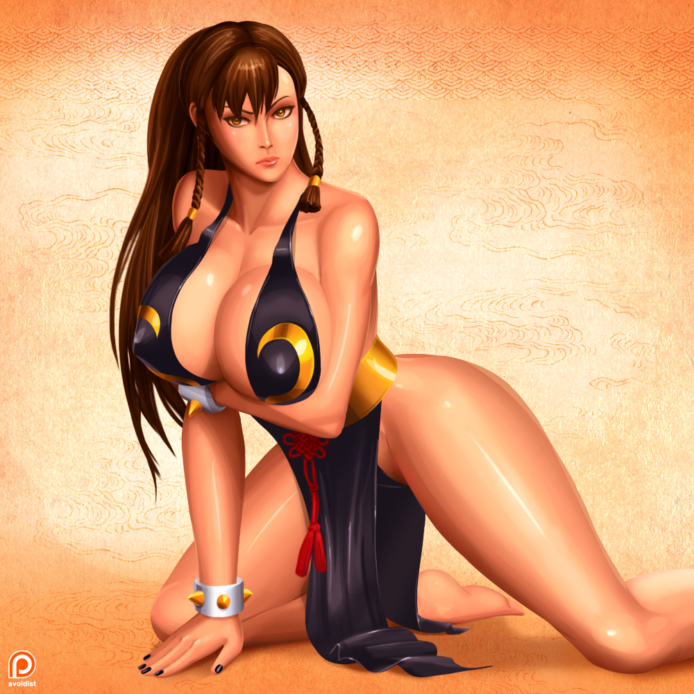 alternate costume, alternate hair length, alternate hairstyle, artist name, bare hips, bare legs, bare shoulders, barefoot, black dress, black nails, bracelet, braid, breast hold, breasts, brown eyes, brown hair, capcom, china dress, chinese clothes, chun-li, chun-li (battle ouffit sfv), cleavage, covered erect nipples, dress, eyebrows, female, female focus, hair down, huge breasts, jewelry, kneeling, large breasts, lips, long hair, milf, nail polish, no bra, official alternate costume, patreon, patreon username, pelvic curtain, revealing clothes, sash, shiny, shiny skin, side braid, sideboob, solo, spiked bracelet, spikes, street fighter, street fighter v, svoidist, thighs, twin braids, watermark