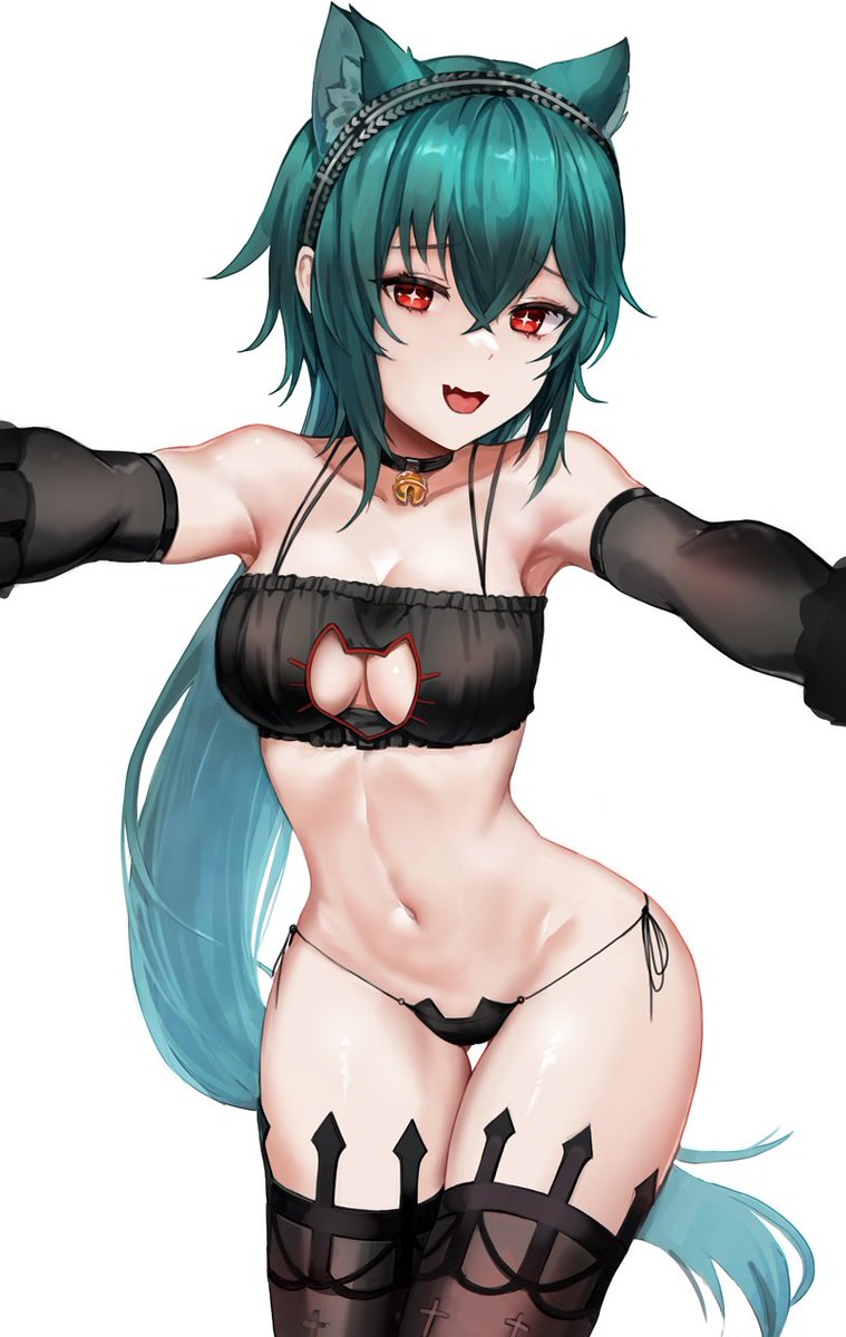 1girls @dano15194403 animal_ears belly belly_button bianca_(black_survival) black_gloves black_panties cat_ears cat_lingerie cleavage eternal_return:_black_survival panties red_eyes side-tie_panties solo solo_female stockings tagme tiny_panties turquoise_hair