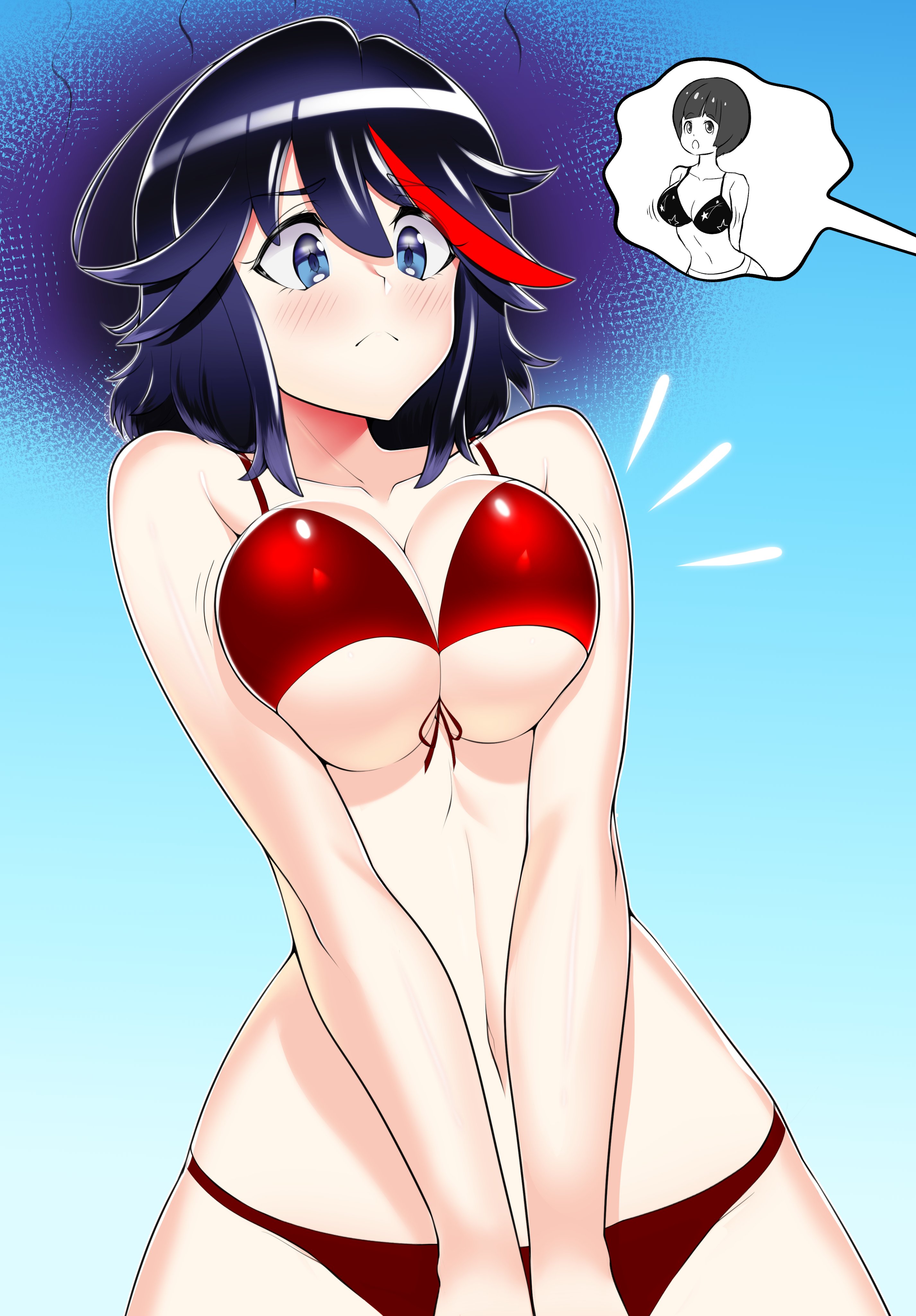 1girls, alternate version available, big breasts, bikini, bikini bottom, bikini top, black hair, blue eyes, blush, breast envy, breasts, embarrassed, female, female focus, female only, kill la kill, looking down, mankanshoku mako, matoi ryuuko, panties, porougon, red bikini, squeezing breast, squeezing breasts, tomboy, wide hips