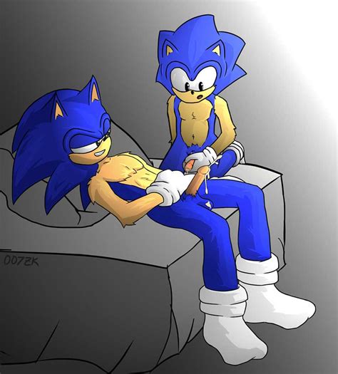 2boys bed black_eyes blue_hair classic_sonic cum_on_penis exposed_torso feet footwear furry gay green_eyes handwear humanoid male/male sonic_(series) sonic_cd sonic_generations sonic_the_hedgehog sonic_the_hedgehog_(series)