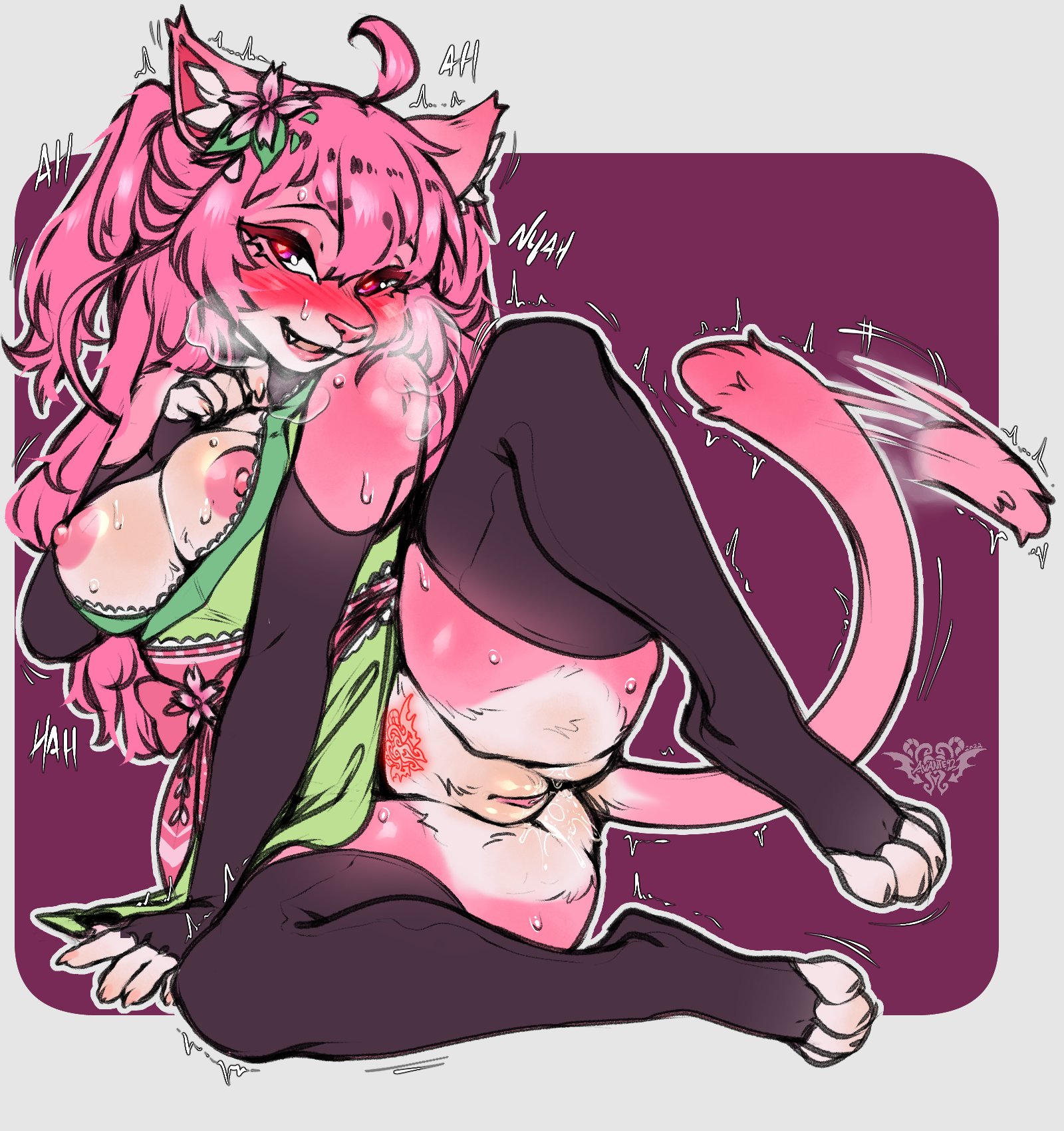 anthro, areola, avante92, blush, breasts, clothed, clothing, felid, feline, felis, female, fur, genitals, hair, hi res, legwear, looking at viewer, mammal, nipples, pubic tattoo, pussy, smile, solo