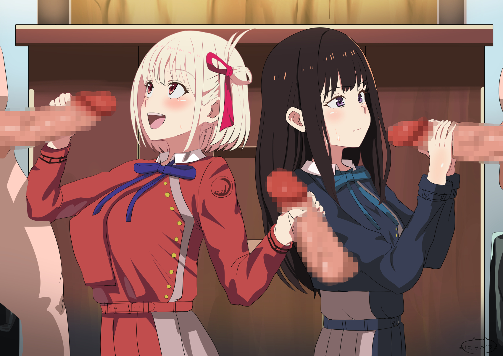 2girls, 3boys, censored, clothed, clothed female, clothed female nude male, clothing, disembodied penis, faceless male, female, handjob, inoue takina, lycoris recoil, male, mosaic censoring, nishikigi chisato, nyabechi, penis, straight